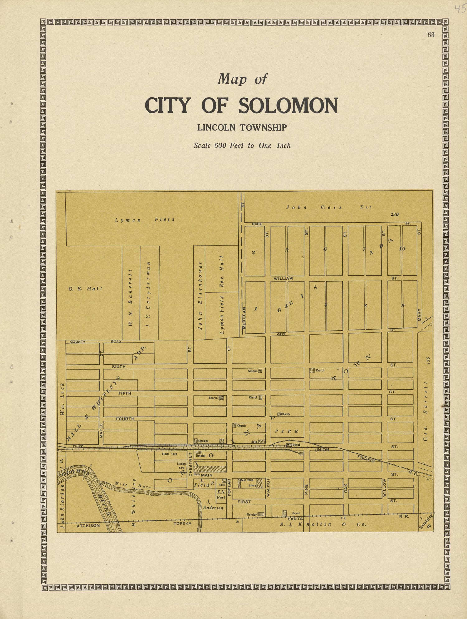 City of Solomon from Plat Book and Complete Survey of Dickinson County, Kansas : Containing Plats of Townships and Incorporated Towns, Also Maps of the State, United States and World, With an Outline Map of Dickinson … 1909 by Relic Map Company