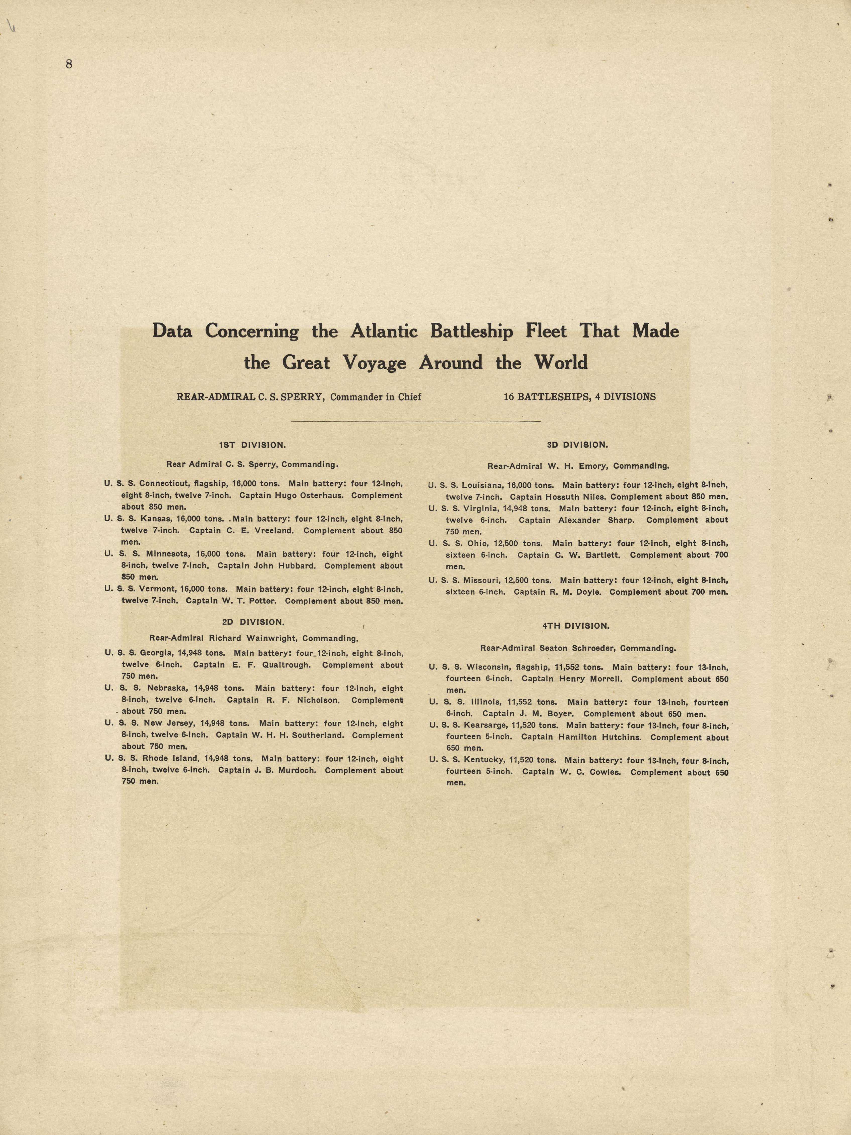 Data Concerning the Atlantic Battleship Fleet from Plat Book and Complete Survey of Dickinson County, Kansas : Containing Plats of Townships and Incorporated Towns, Also Maps of the State, United States and World, With an Outline Map of Dickinson … 1909 by Relic Map Company