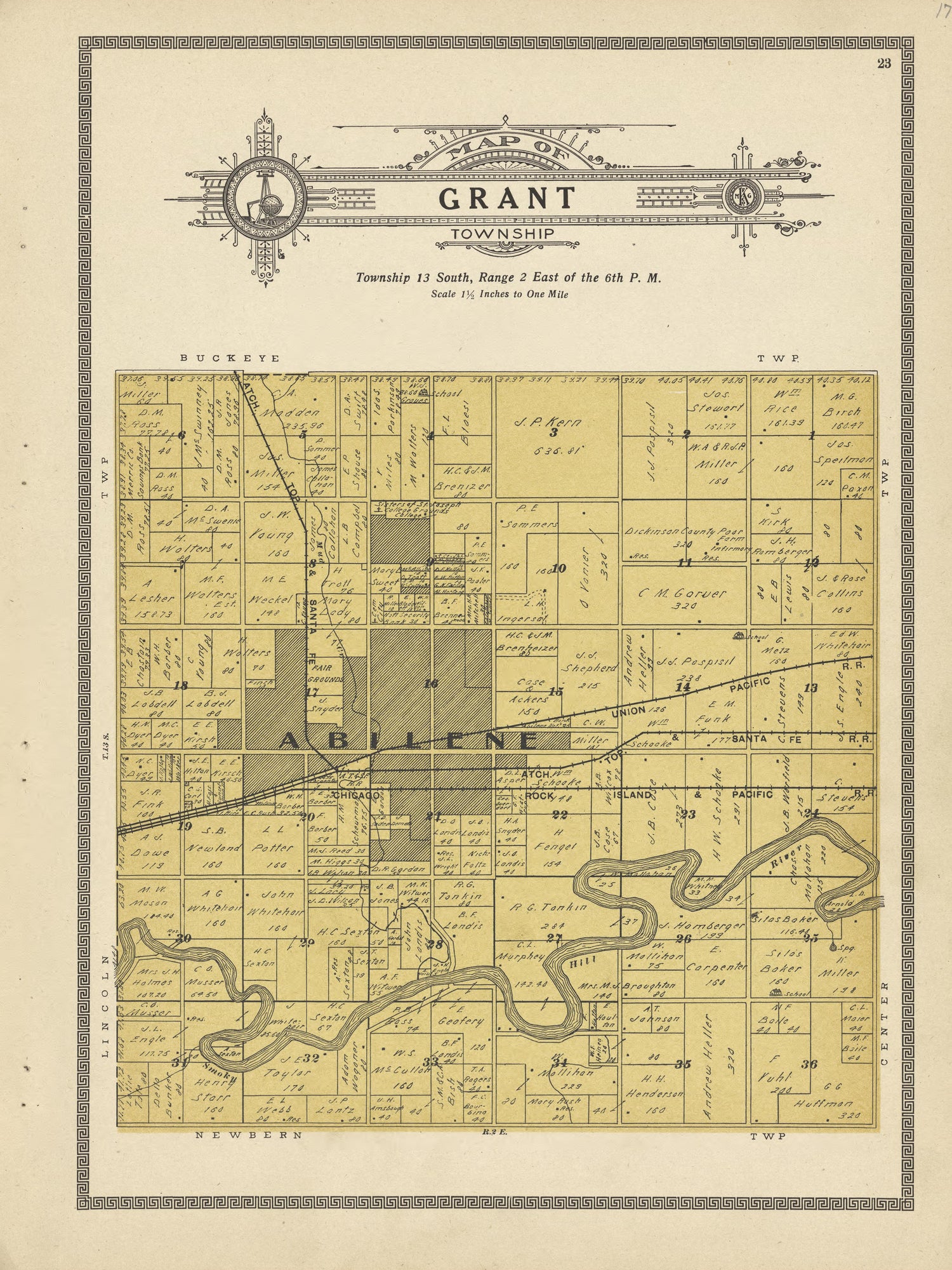 Grant Township from Plat Book and Complete Survey of Dickinson County, Kansas : Containing Plats of Townships and Incorporated Towns, Also Maps of the State, United States and World, With an Outline Map of Dickinson … 1909 by Relic Map Company