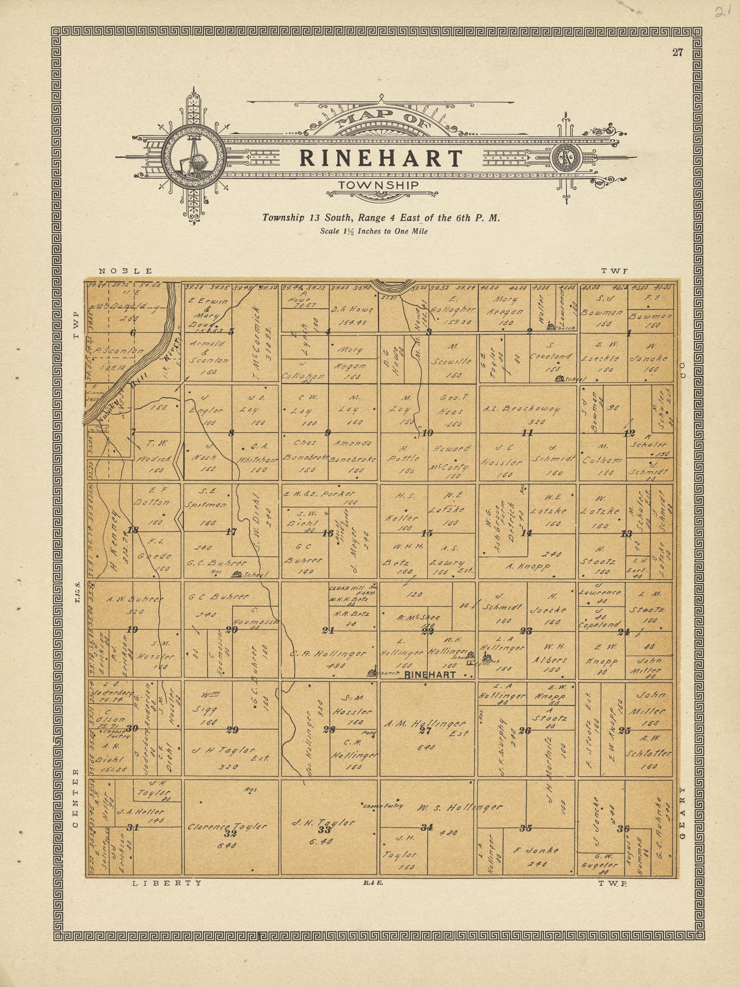 Rinehart Township from Plat Book and Complete Survey of Dickinson County, Kansas : Containing Plats of Townships and Incorporated Towns, Also Maps of the State, United States and World, With an Outline Map of Dickinson … 1909 by Relic Map Company