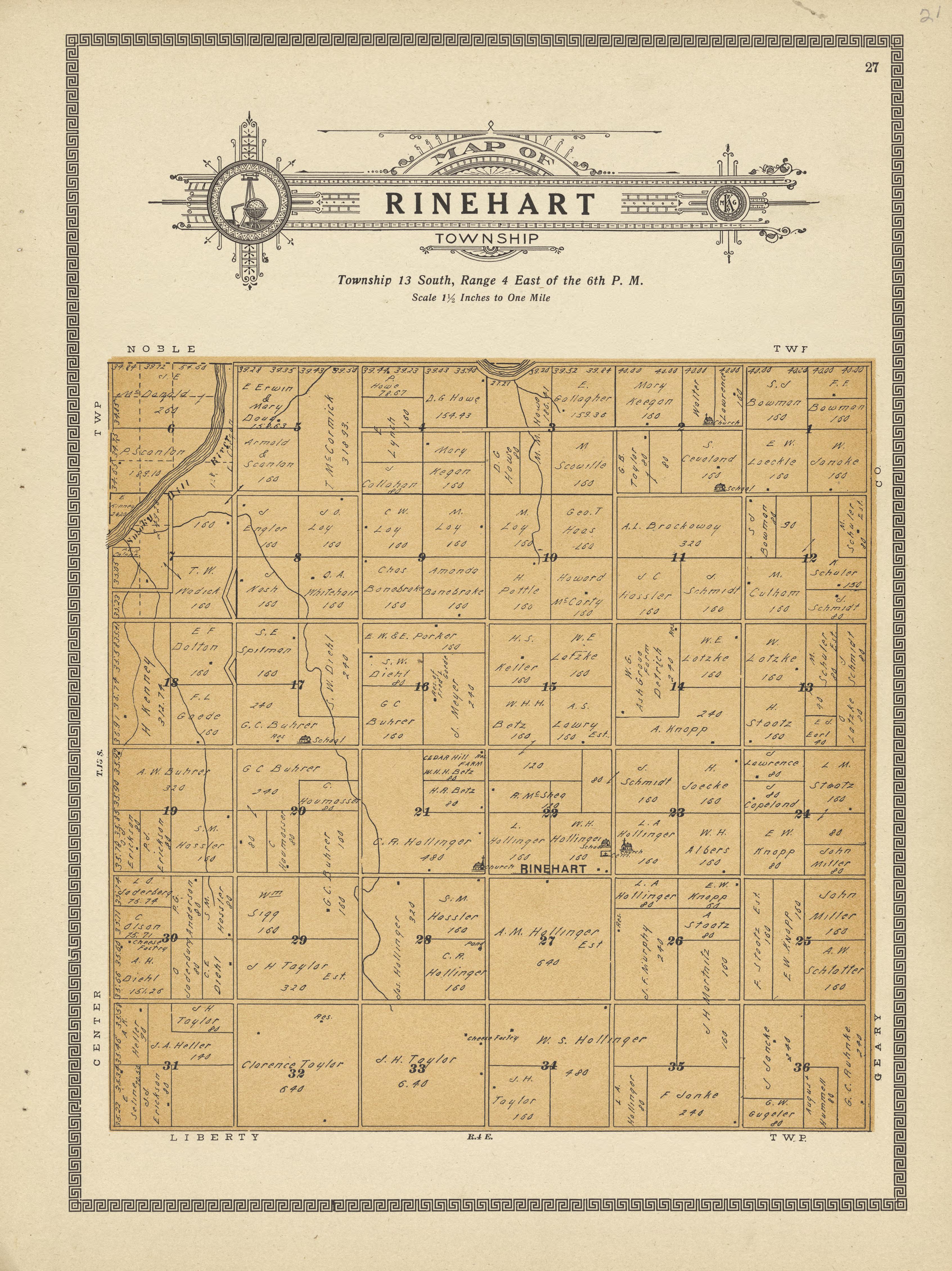 Rinehart Township from Plat Book and Complete Survey of Dickinson County, Kansas : Containing Plats of Townships and Incorporated Towns, Also Maps of the State, United States and World, With an Outline Map of Dickinson … 1909 by Relic Map Company