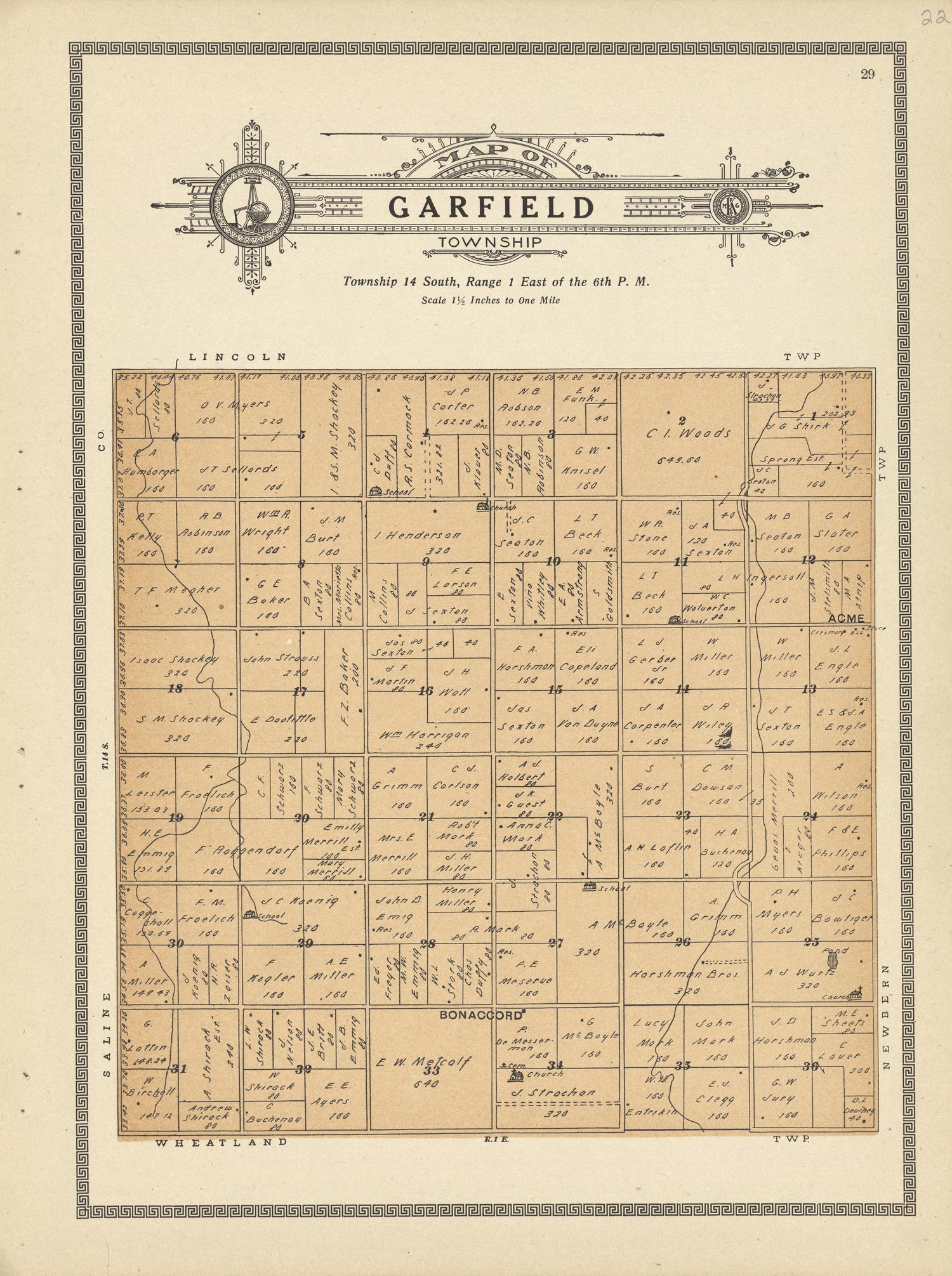 Garfield Township from Plat Book and Complete Survey of Dickinson County, Kansas : Containing Plats of Townships and Incorporated Towns, Also Maps of the State, United States and World, With an Outline Map of Dickinson … 1909 by Relic Map Company