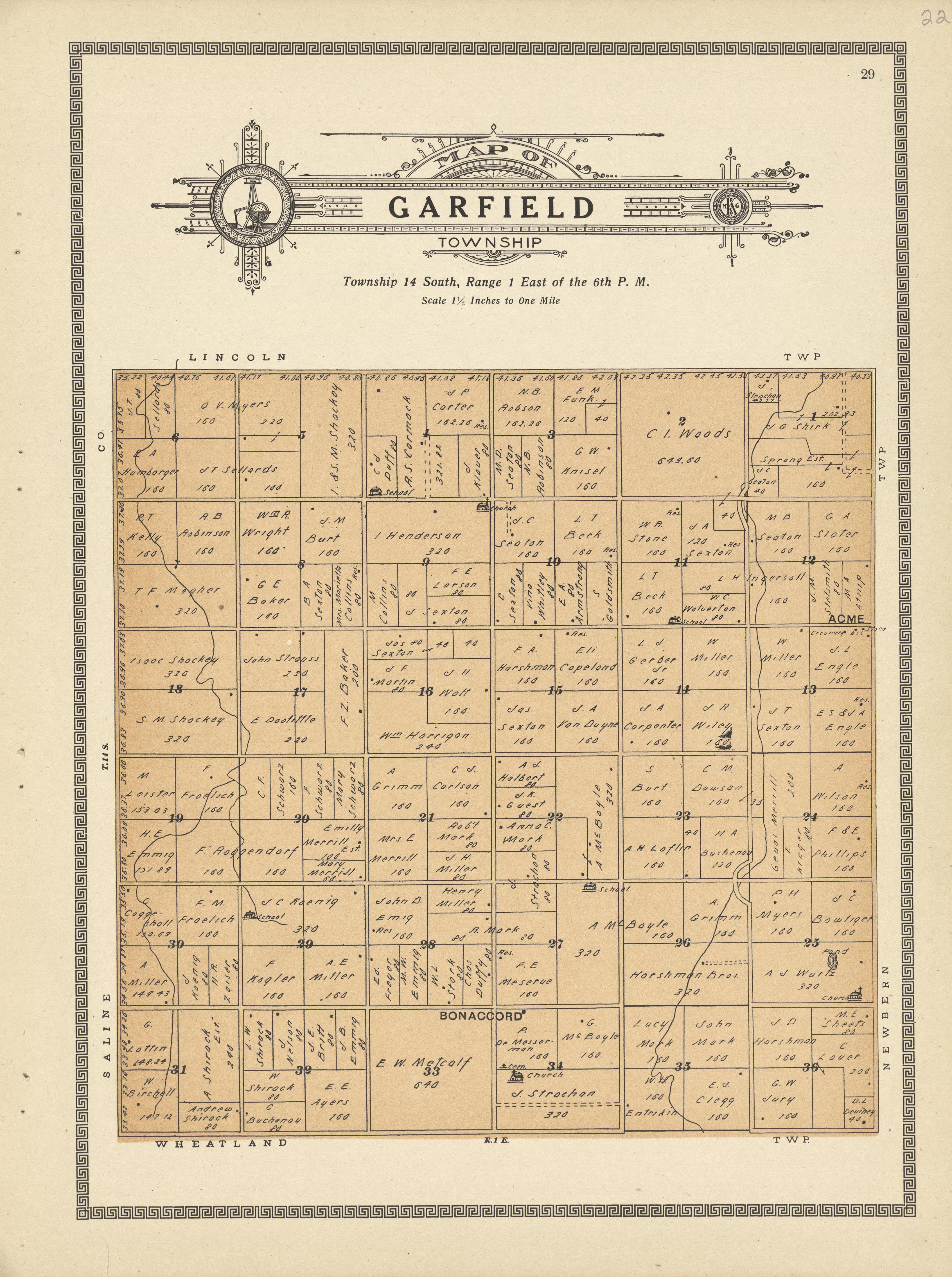 Garfield Township from Plat Book and Complete Survey of Dickinson County, Kansas : Containing Plats of Townships and Incorporated Towns, Also Maps of the State, United States and World, With an Outline Map of Dickinson … 1909 by Relic Map Company