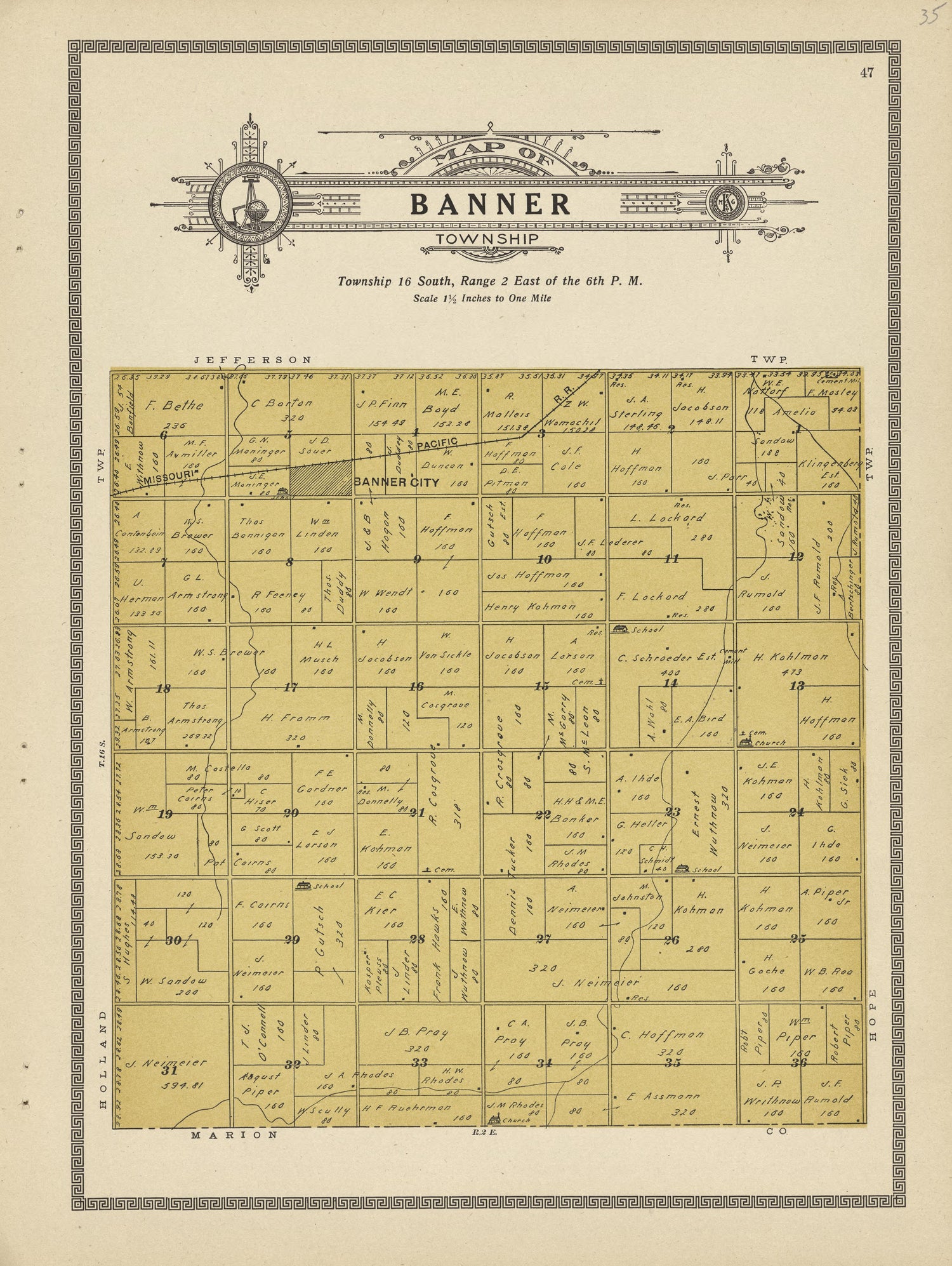 Banner Township from Plat Book and Complete Survey of Dickinson County, Kansas : Containing Plats of Townships and Incorporated Towns, Also Maps of the State, United States and World, With an Outline Map of Dickinson … 1909 by Relic Map Company