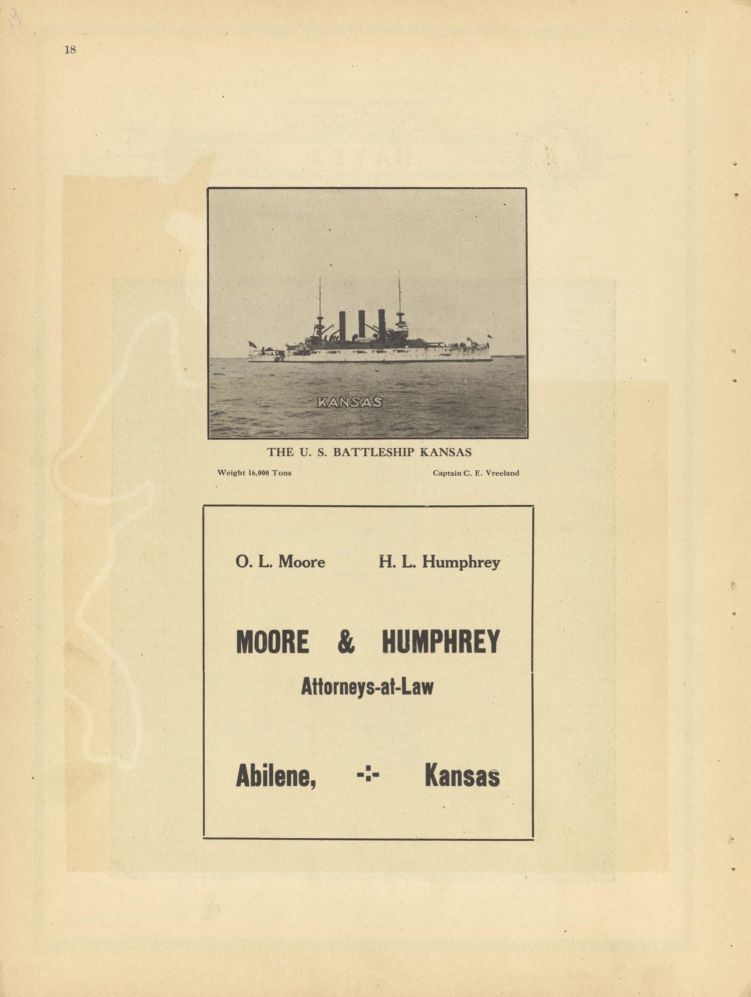 The U.S. Battleship Kansas from Plat Book and Complete Survey of Dickinson County, Kansas : Containing Plats of Townships and Incorporated Towns, Also Maps of the State, United States and World, With an Outline Map of Dickinson … 1909 by Relic Map Company