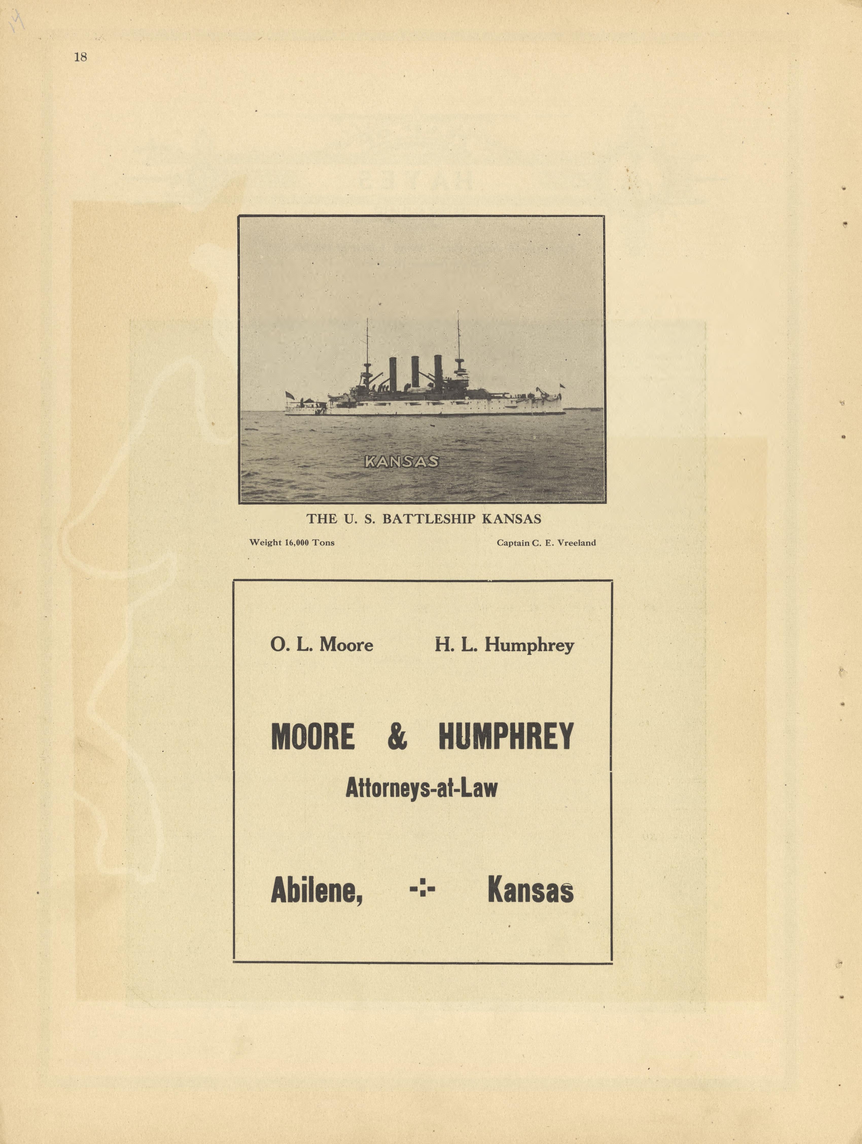 The U.S. Battleship Kansas from Plat Book and Complete Survey of Dickinson County, Kansas : Containing Plats of Townships and Incorporated Towns, Also Maps of the State, United States and World, With an Outline Map of Dickinson … 1909 by Relic Map Company