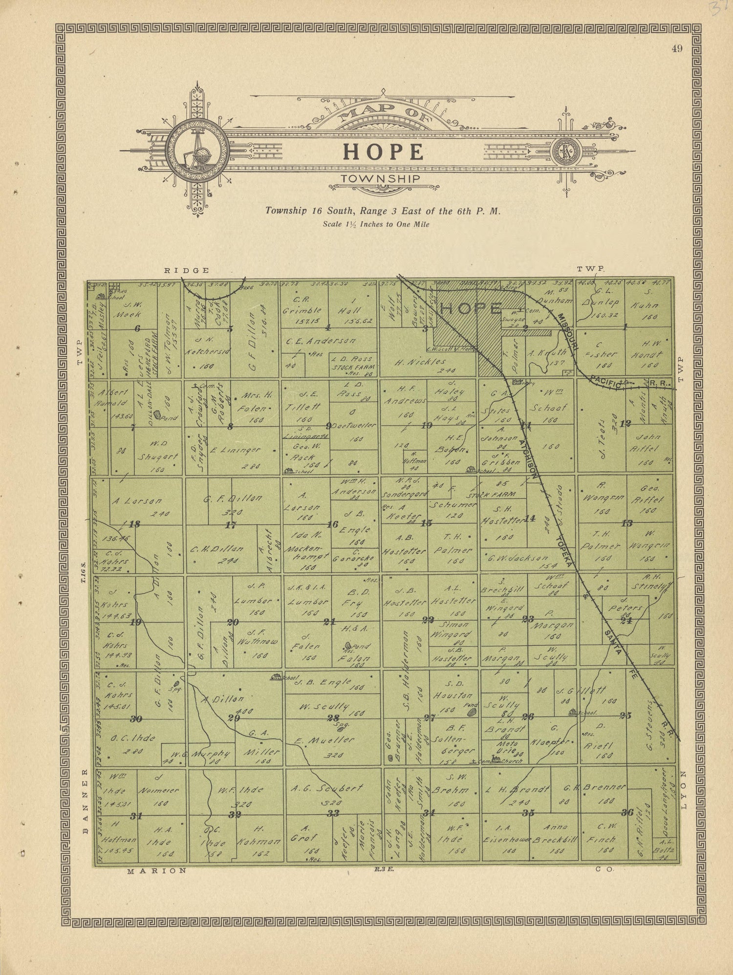 Hope Township from Plat Book and Complete Survey of Dickinson County, Kansas : Containing Plats of Townships and Incorporated Towns, Also Maps of the State, United States and World, With an Outline Map of Dickinson … 1909 by Relic Map Company