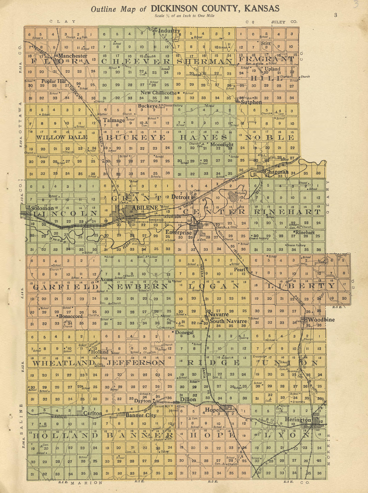 Outline Map of Dickinson County, Kansas from Plat Book and Complete Survey of Dickinson County, Kansas : Containing Plats of Townships and Incorporated Towns, Also Maps of the State, United States and World, With an Outline Map of Dickinson … 1909 by Relic Map Company