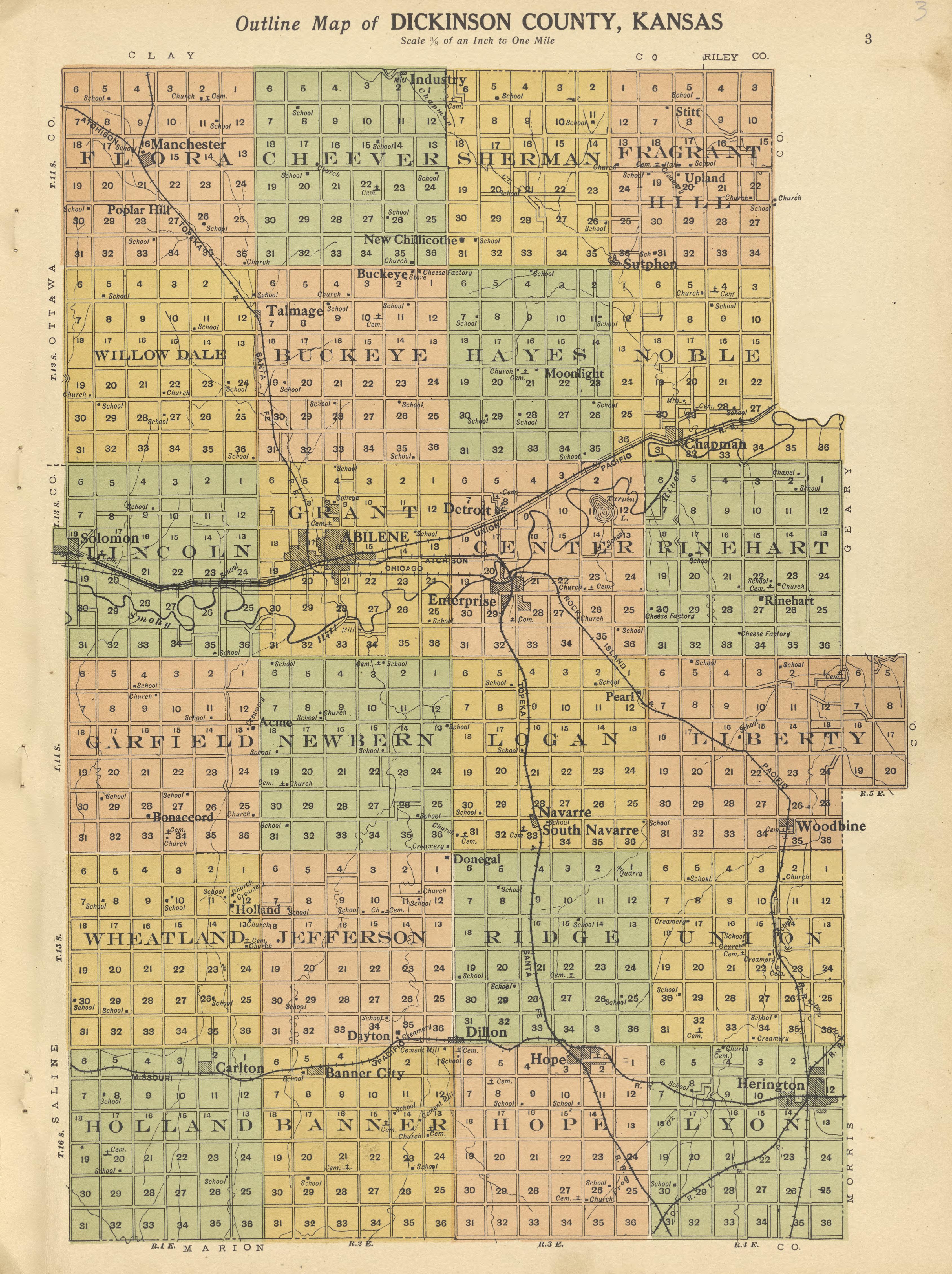 Outline Map of Dickinson County, Kansas from Plat Book and Complete Survey of Dickinson County, Kansas : Containing Plats of Townships and Incorporated Towns, Also Maps of the State, United States and World, With an Outline Map of Dickinson … 1909 by Relic Map Company