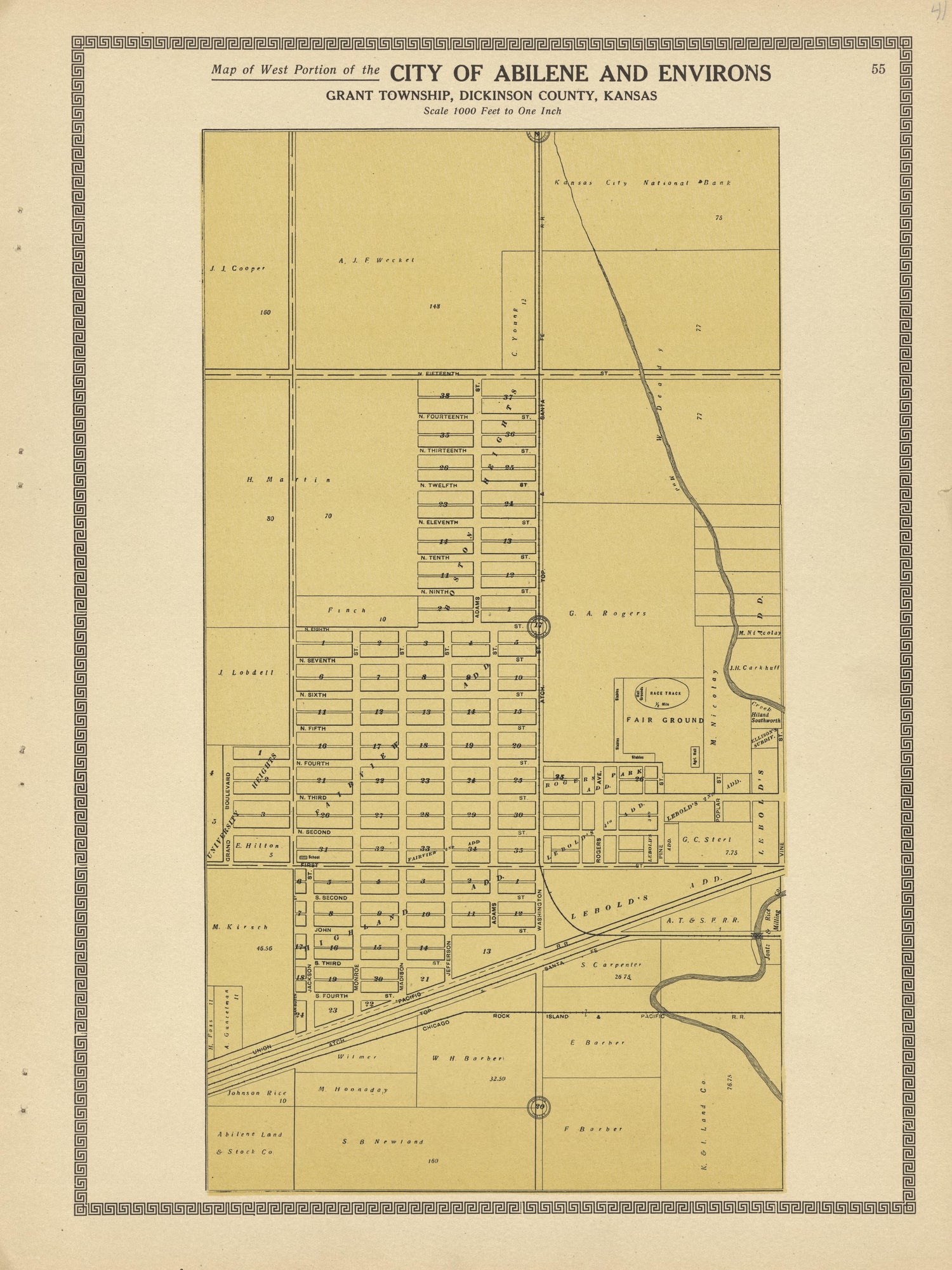 City of Abilene and Environs--continued from Plat Book and Complete Survey of Dickinson County, Kansas : Containing Plats of Townships and Incorporated Towns, Also Maps of the State, United States and World, With an Outline Map of Dickinson … 1909 by Relic Map Company
