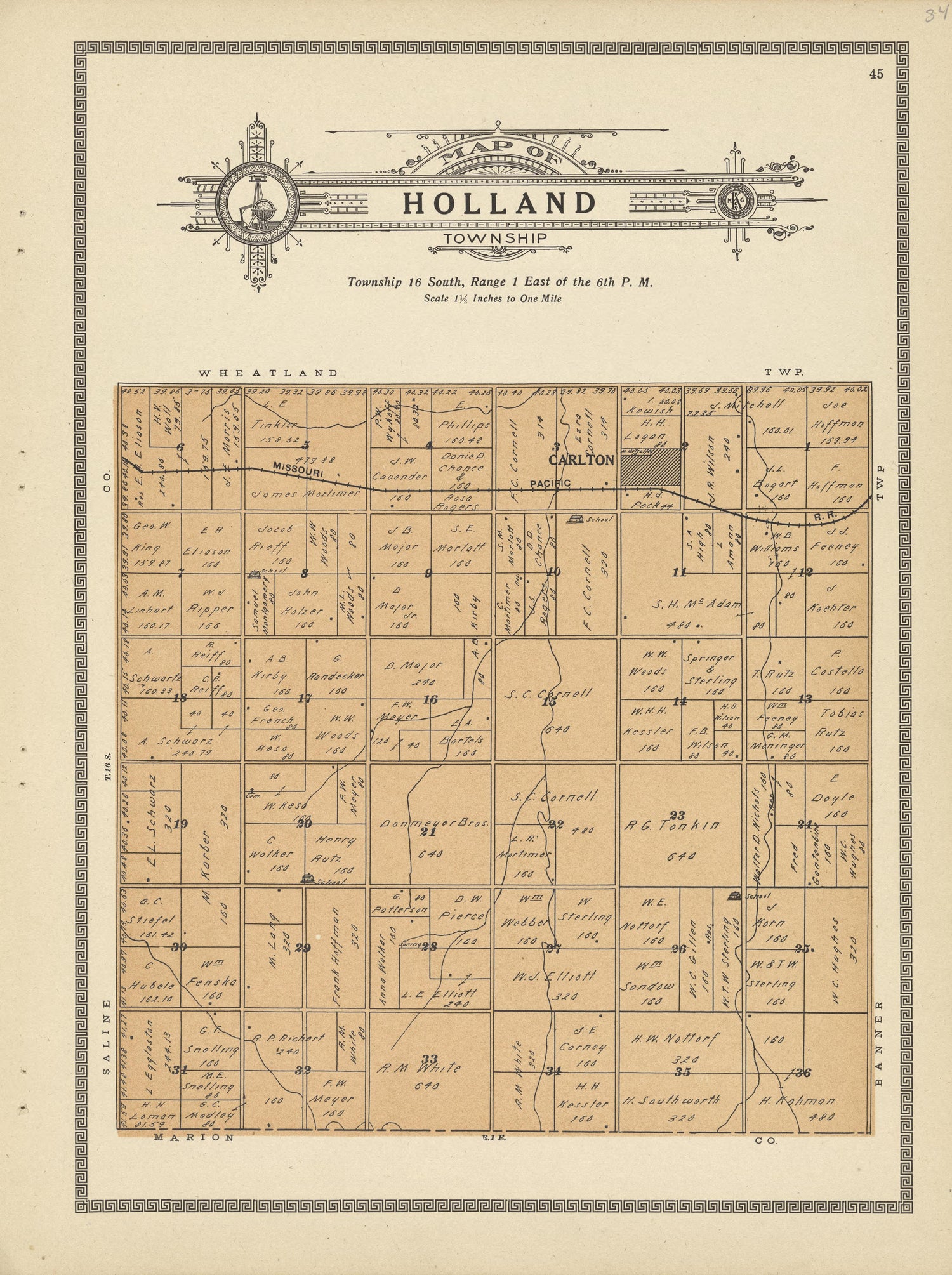 Holland Township from Plat Book and Complete Survey of Dickinson County, Kansas : Containing Plats of Townships and Incorporated Towns, Also Maps of the State, United States and World, With an Outline Map of Dickinson … 1909 by Relic Map Company