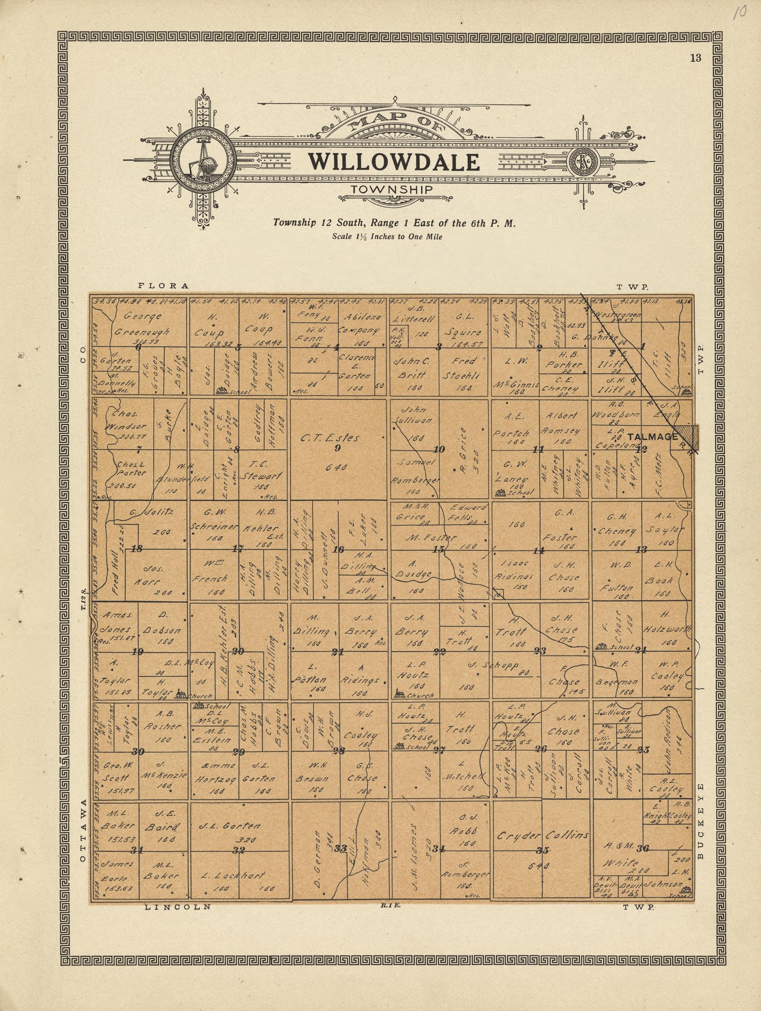 Willowdale Township from Plat Book and Complete Survey of Dickinson County, Kansas : Containing Plats of Townships and Incorporated Towns, Also Maps of the State, United States and World, With an Outline Map of Dickinson … 1909 by Relic Map Company