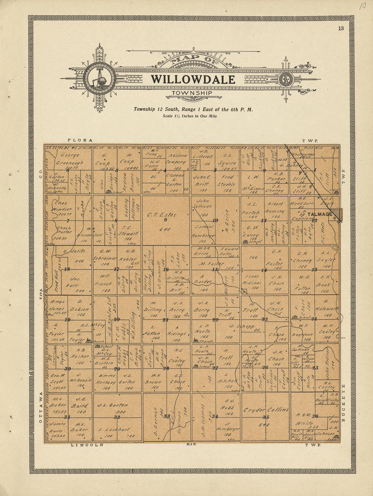 Willowdale Township from Plat Book and Complete Survey of Dickinson County, Kansas : Containing Plats of Townships and Incorporated Towns, Also Maps of the State, United States and World, With an Outline Map of Dickinson … 1909 by Relic Map Company