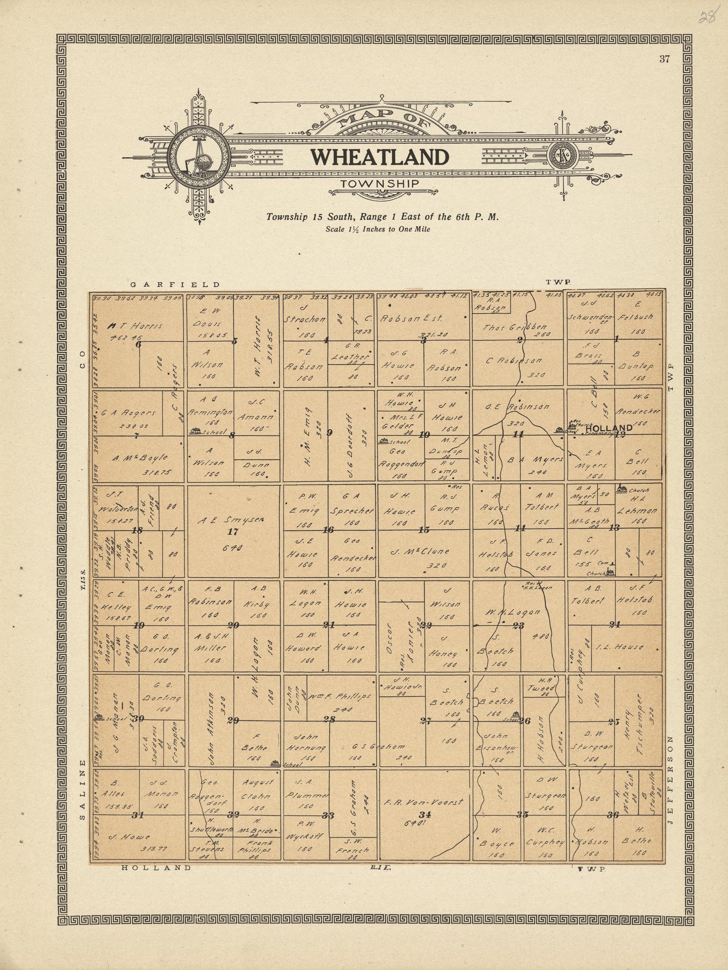 Wheatland Township from Plat Book and Complete Survey of Dickinson County, Kansas : Containing Plats of Townships and Incorporated Towns, Also Maps of the State, United States and World, With an Outline Map of Dickinson … 1909 by Relic Map Company
