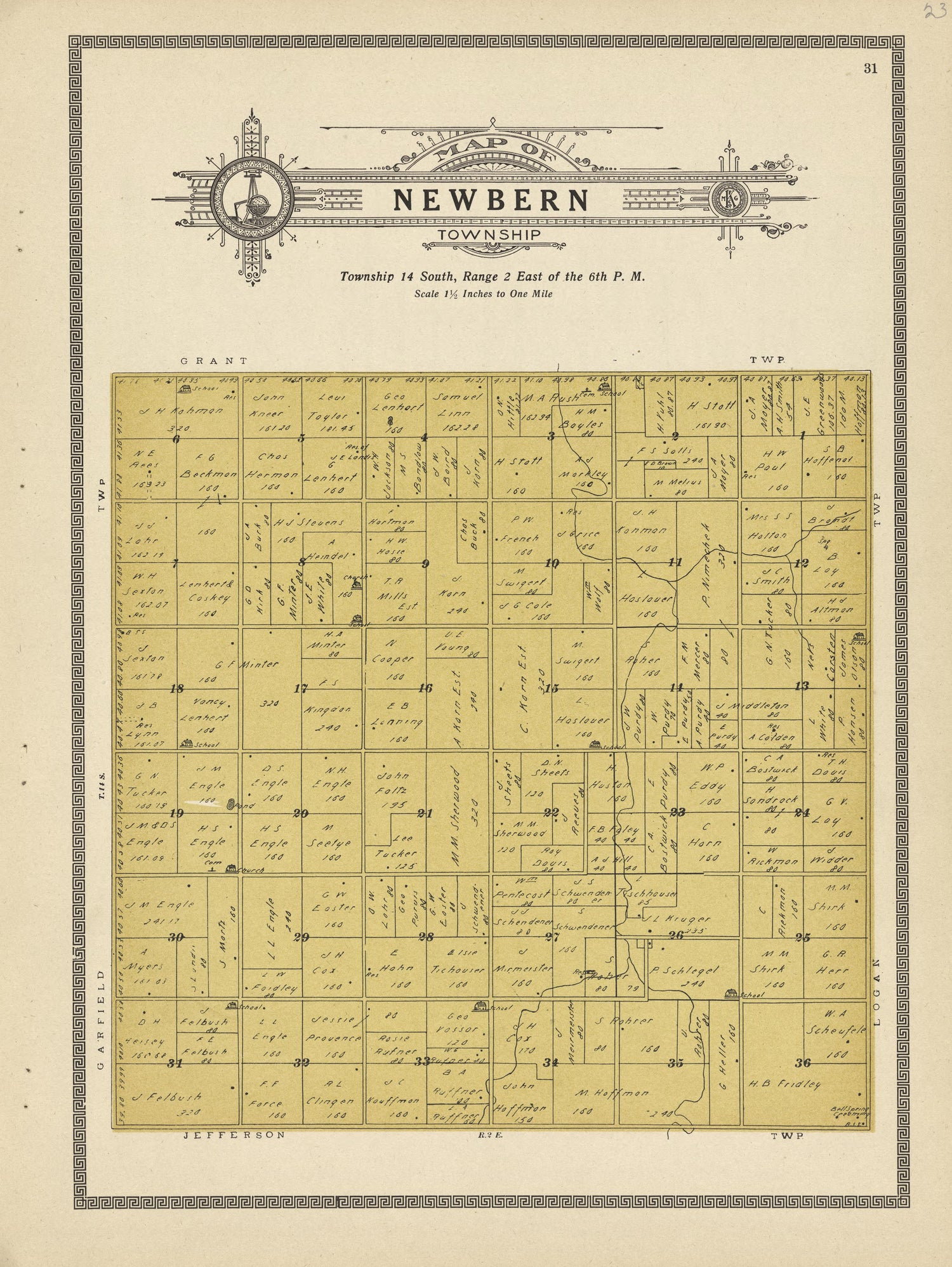 Newbern Township from Plat Book and Complete Survey of Dickinson County, Kansas : Containing Plats of Townships and Incorporated Towns, Also Maps of the State, United States and World, With an Outline Map of Dickinson … 1909 by Relic Map Company