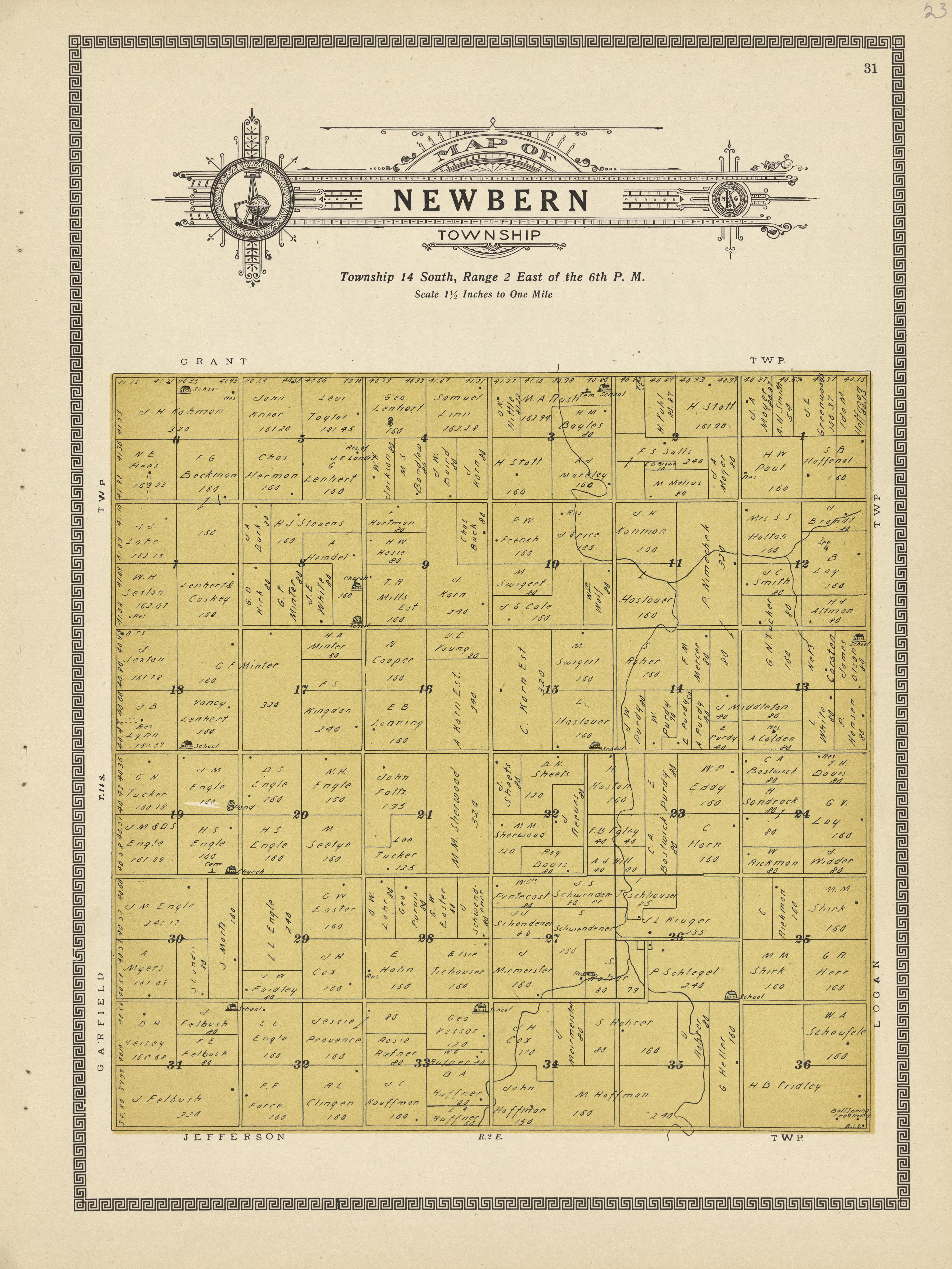 Newbern Township from Plat Book and Complete Survey of Dickinson County, Kansas : Containing Plats of Townships and Incorporated Towns, Also Maps of the State, United States and World, With an Outline Map of Dickinson … 1909 by Relic Map Company