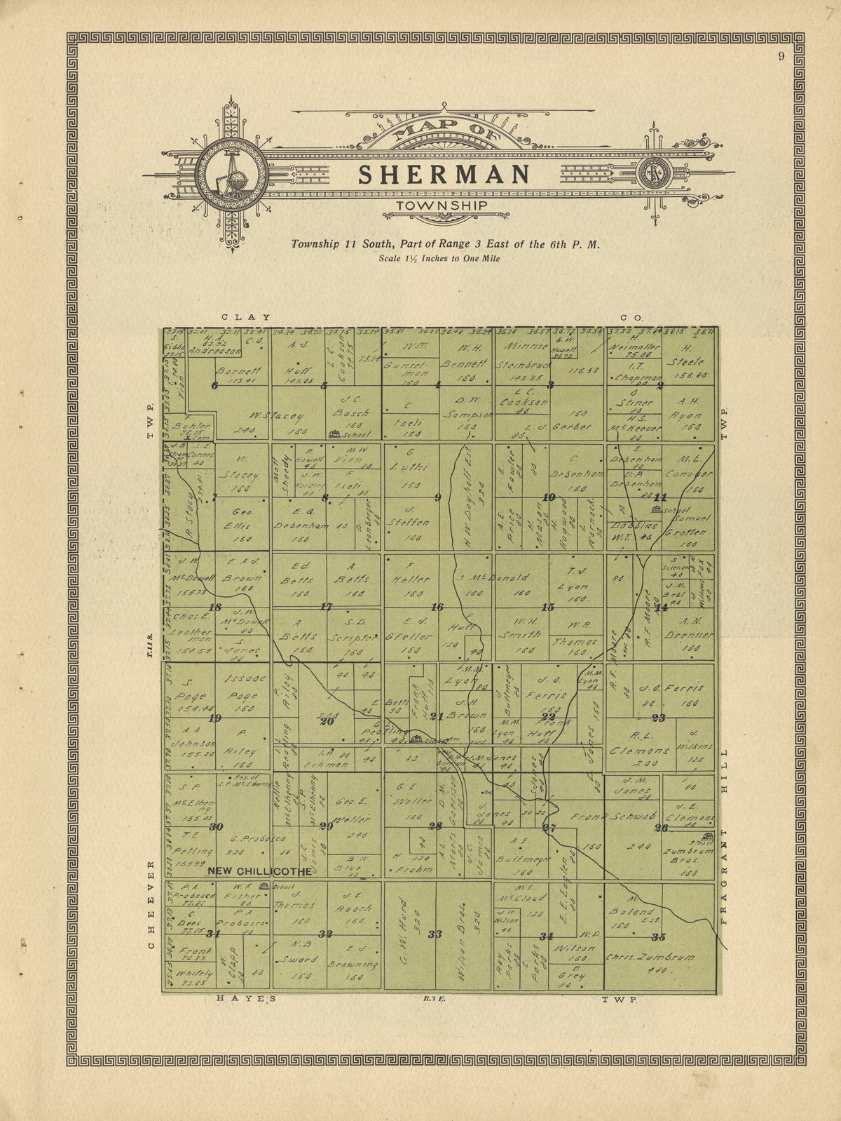 Sherman Township from Plat Book and Complete Survey of Dickinson County, Kansas : Containing Plats of Townships and Incorporated Towns, Also Maps of the State, United States and World, With an Outline Map of Dickinson … 1909 by Relic Map Company