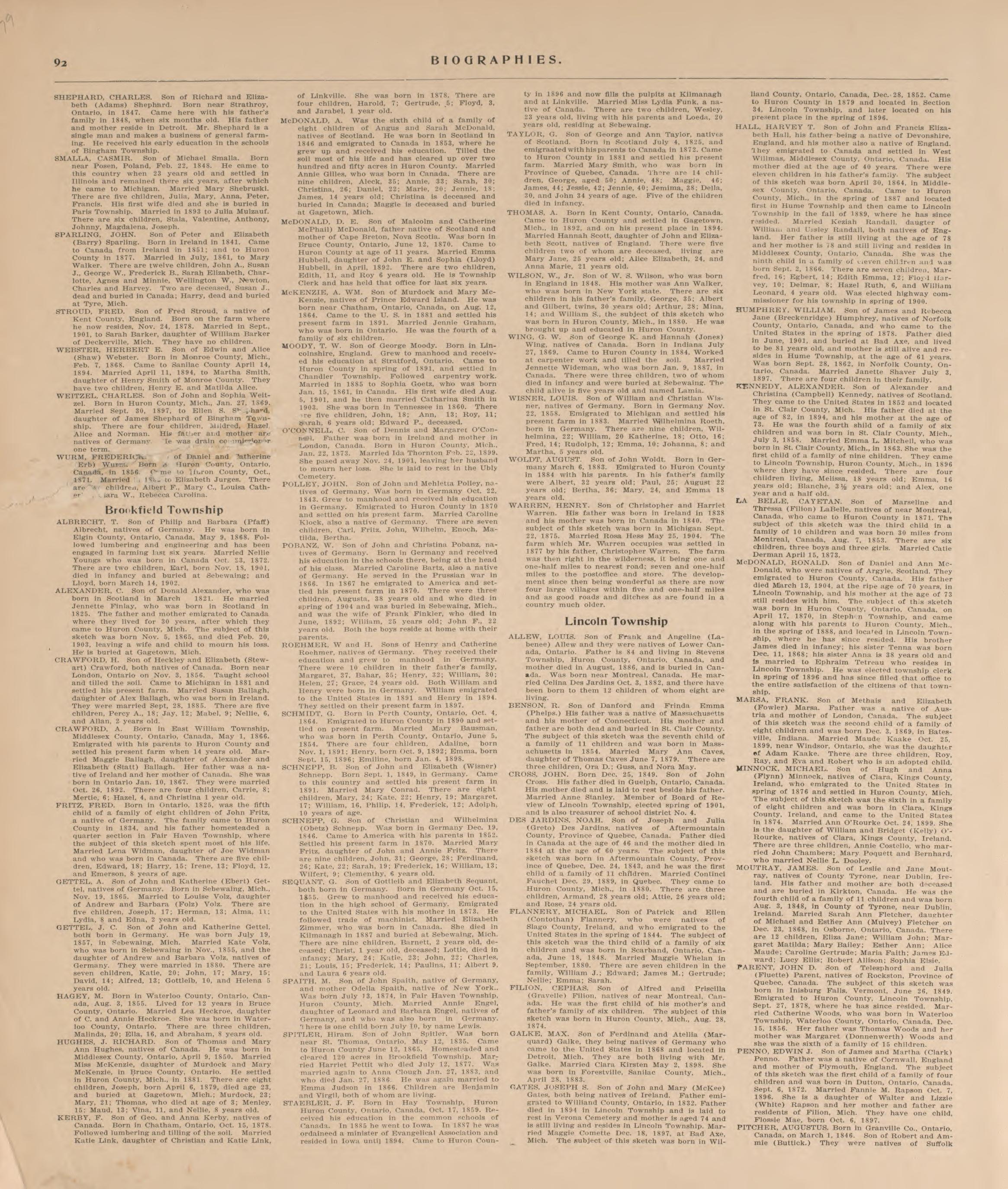 Biographies, P.10 from Plat Book of Huron County, Michigan : Also Patron&