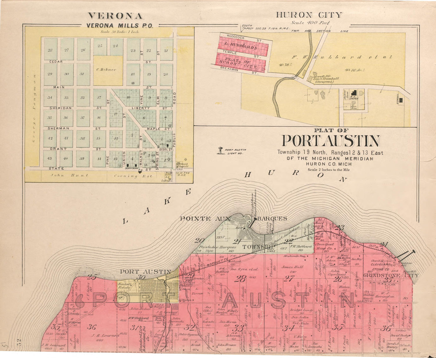 Verona, Huron, Port Austin from Plat Book of Huron County, Michigan : Also Patron&