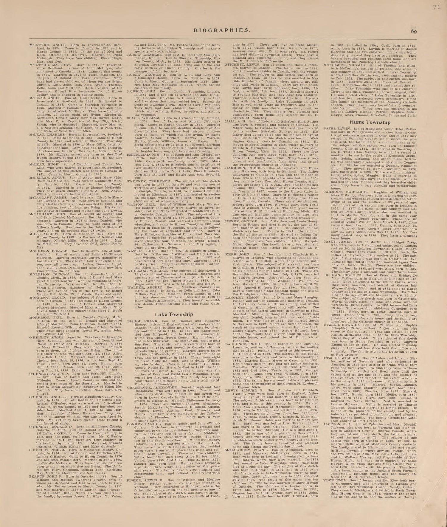 Biographies, P.7 from Plat Book of Huron County, Michigan : Also Patron&