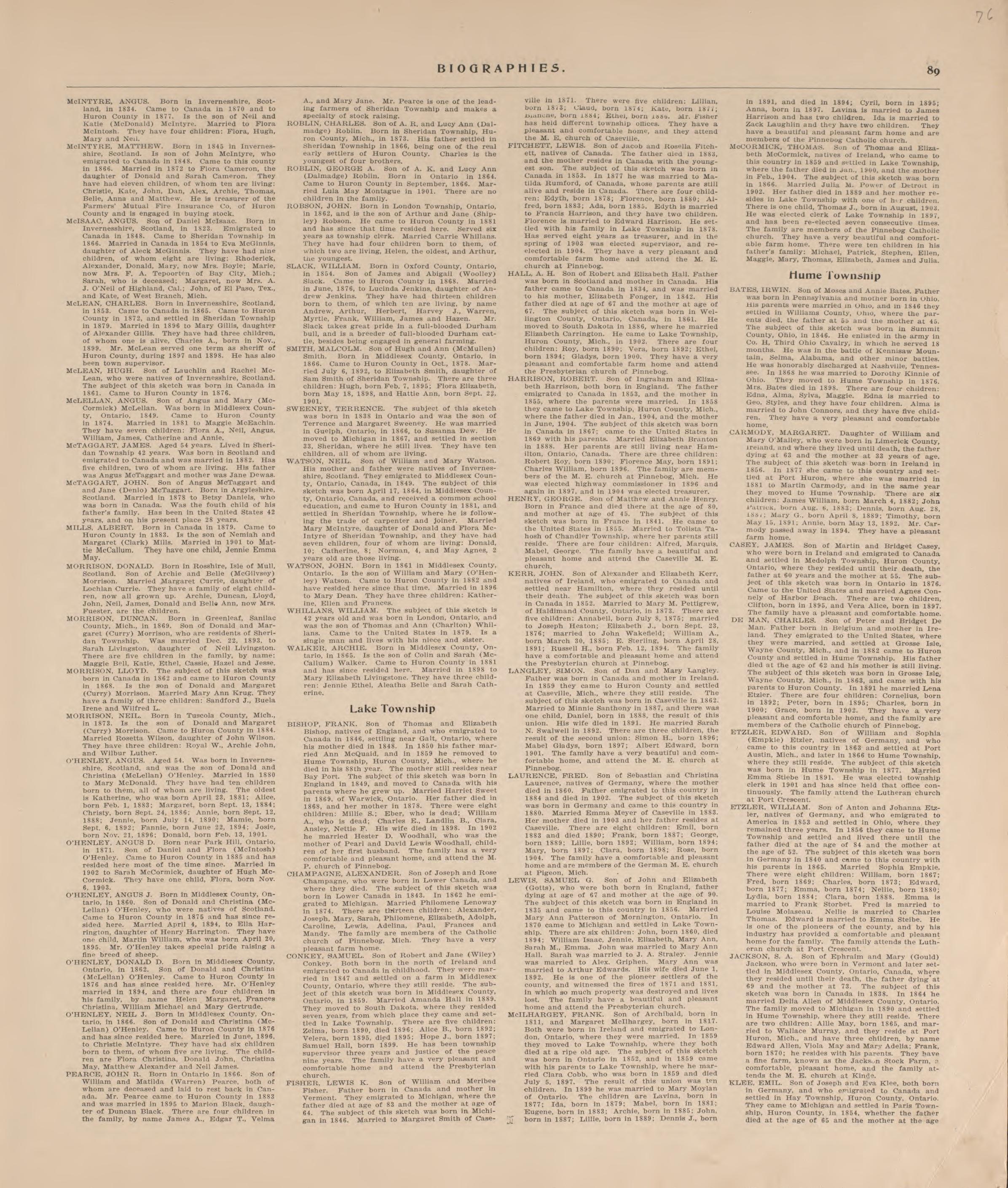 Biographies, P.7 from Plat Book of Huron County, Michigan : Also Patron&