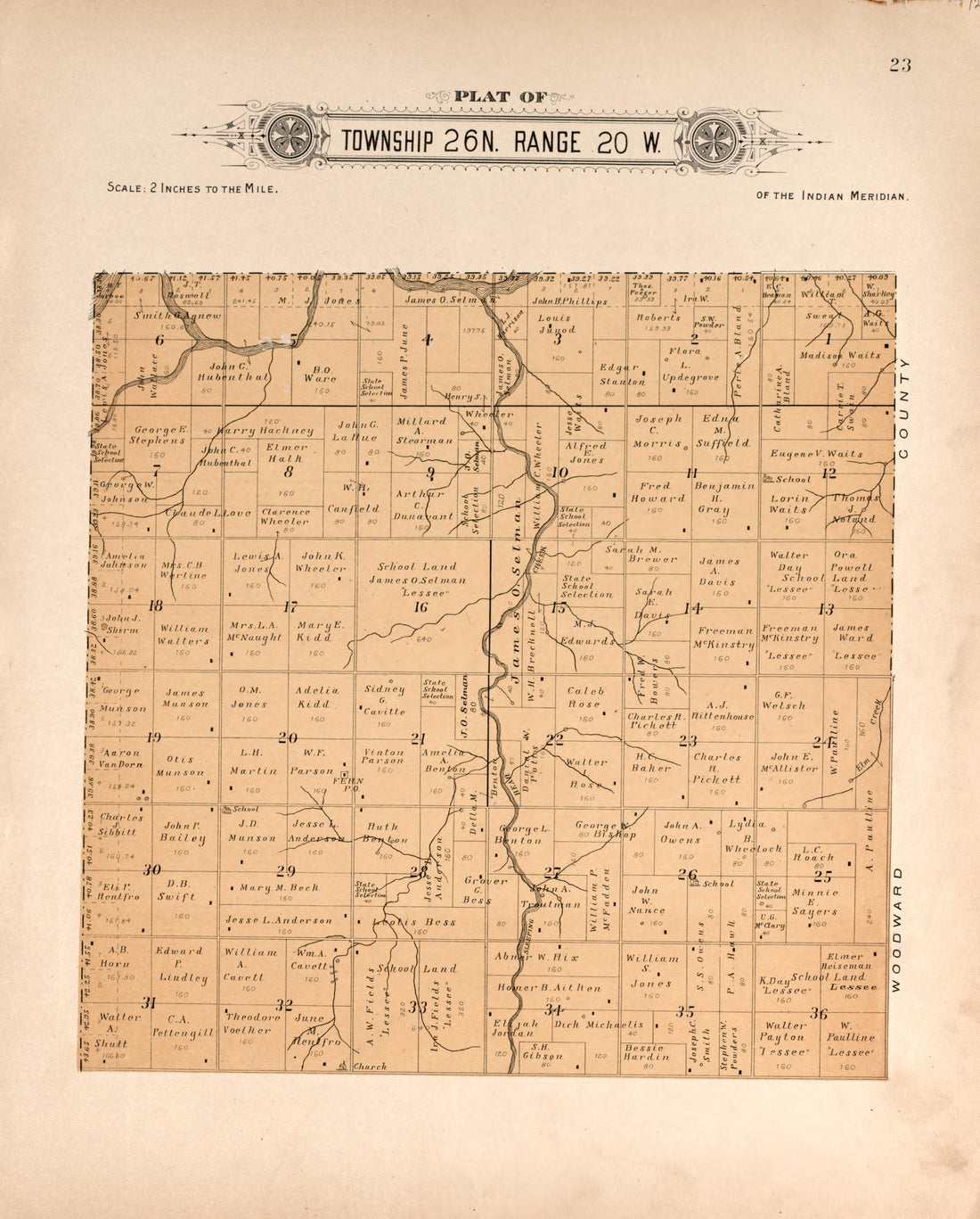 Township 26 Range 20 W from Plat Book of Harper County, Oklahoma : Containing Maps of Villages, Cities and Townships of the County, and of the State, United States and World : Portraits of Representative Citizens and Leading … 1910 by Relic Map Company