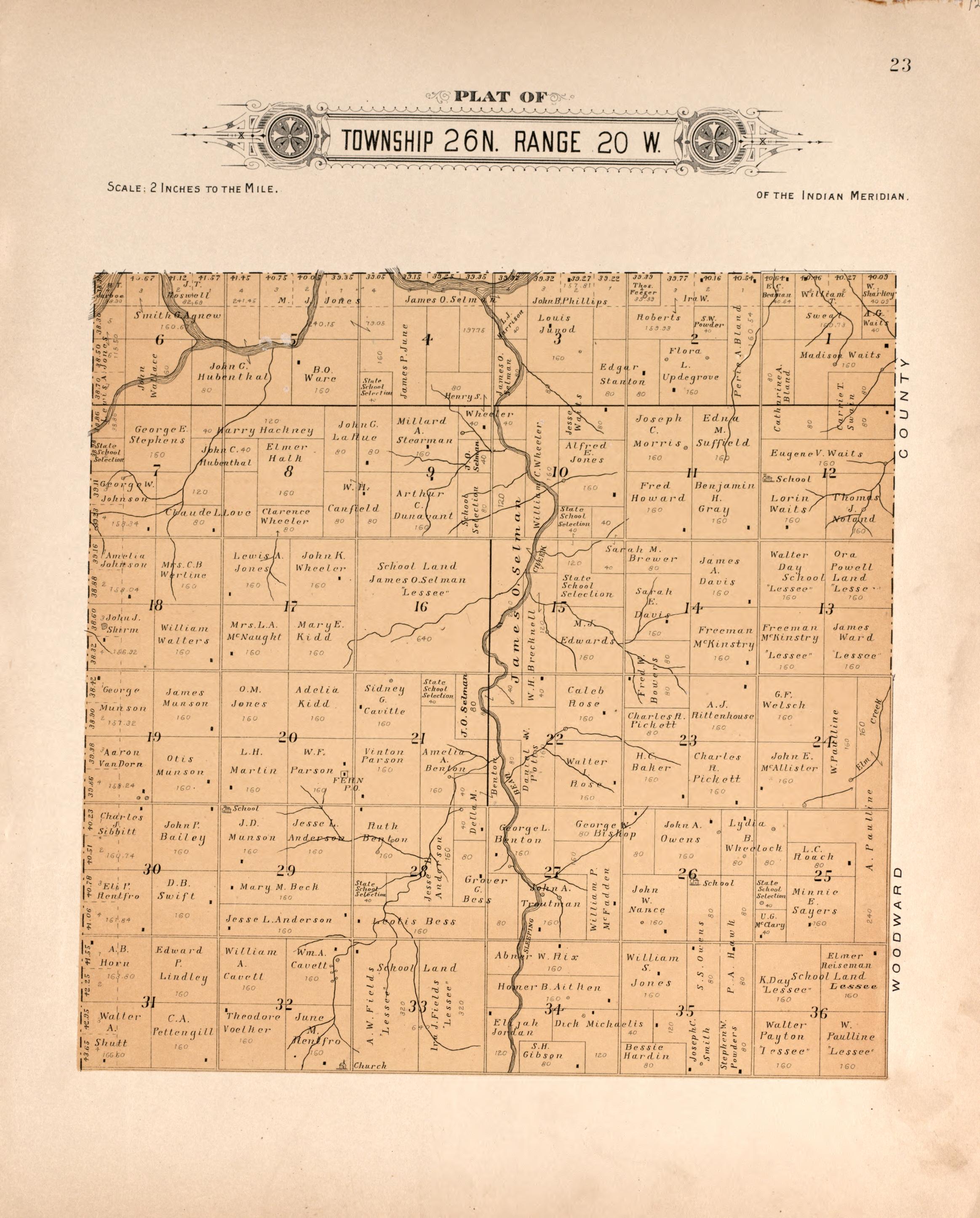 Township 26 Range 20 W from Plat Book of Harper County, Oklahoma : Containing Maps of Villages, Cities and Townships of the County, and of the State, United States and World : Portraits of Representative Citizens and Leading … 1910 by Relic Map Company