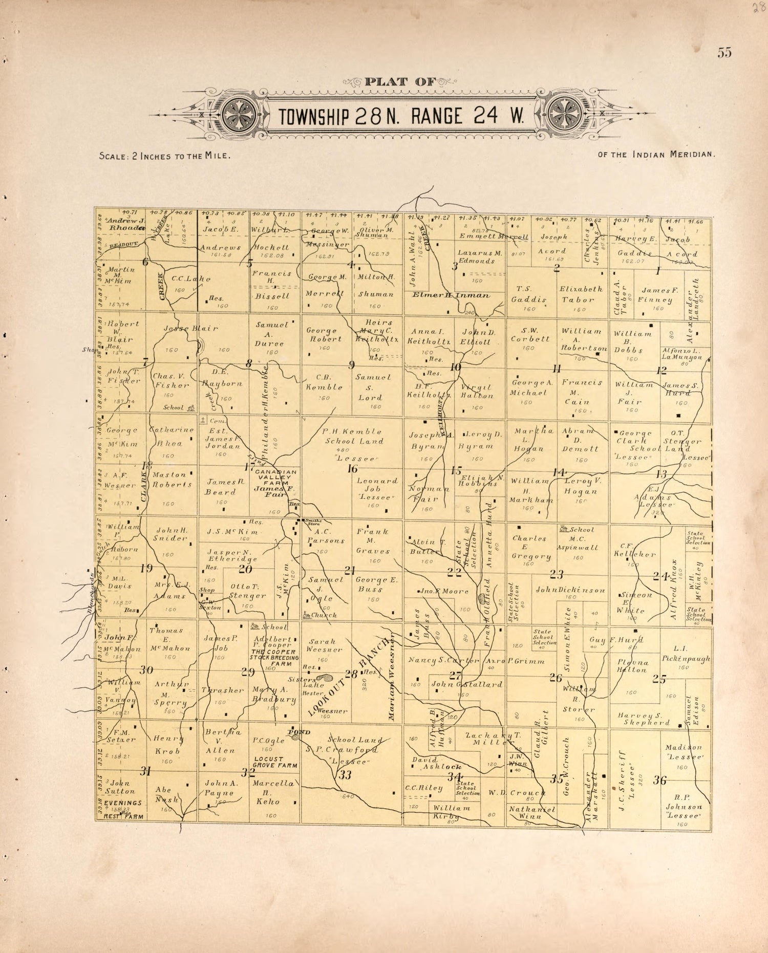 Township 28 Range 24 W from Plat Book of Harper County, Oklahoma : Containing Maps of Villages, Cities and Townships of the County, and of the State, United States and World : Portraits of Representative Citizens and Leading … 1910 by Relic Map Company