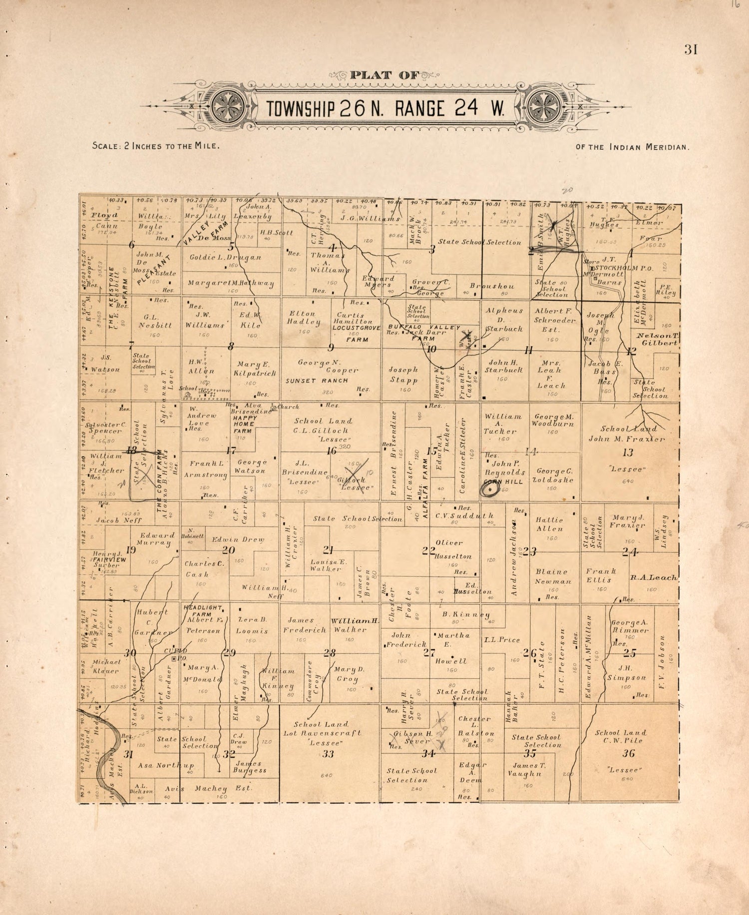 Township 26 Range 24 W from Plat Book of Harper County, Oklahoma : Containing Maps of Villages, Cities and Townships of the County, and of the State, United States and World : Portraits of Representative Citizens and Leading … 1910 by Relic Map Company