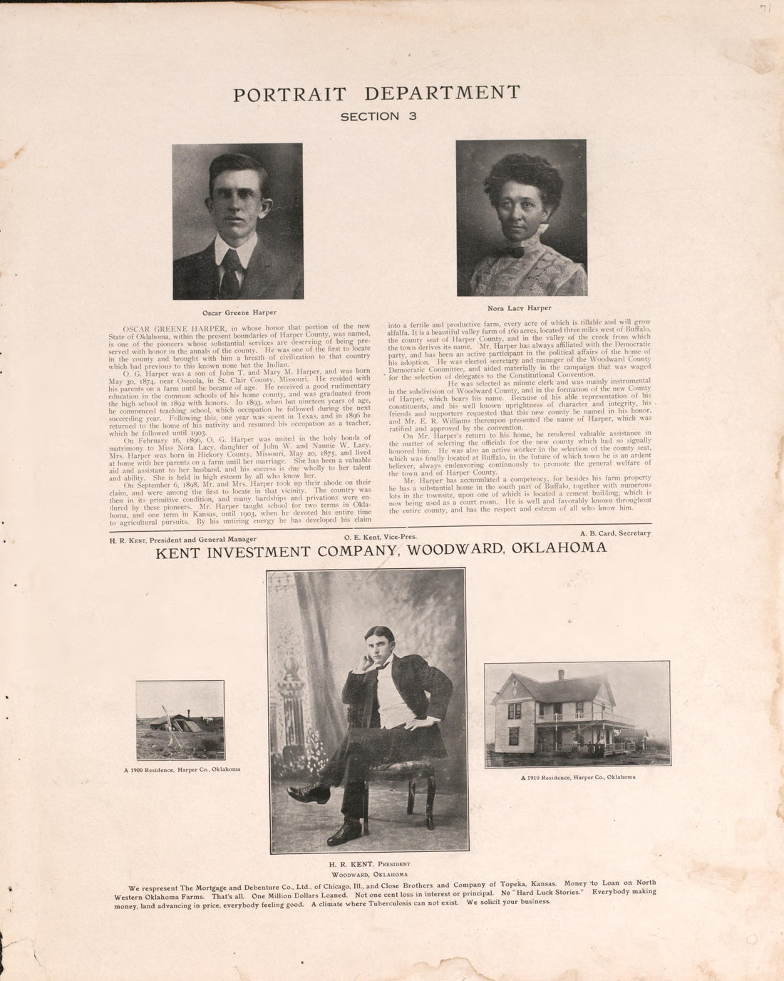 Portrait Section 3, P. 1 from Plat Book of Harper County, Oklahoma : Containing Maps of Villages, Cities and Townships of the County, and of the State, United States and World : Portraits of Representative Citizens and Leading … 1910 by Relic Map Company