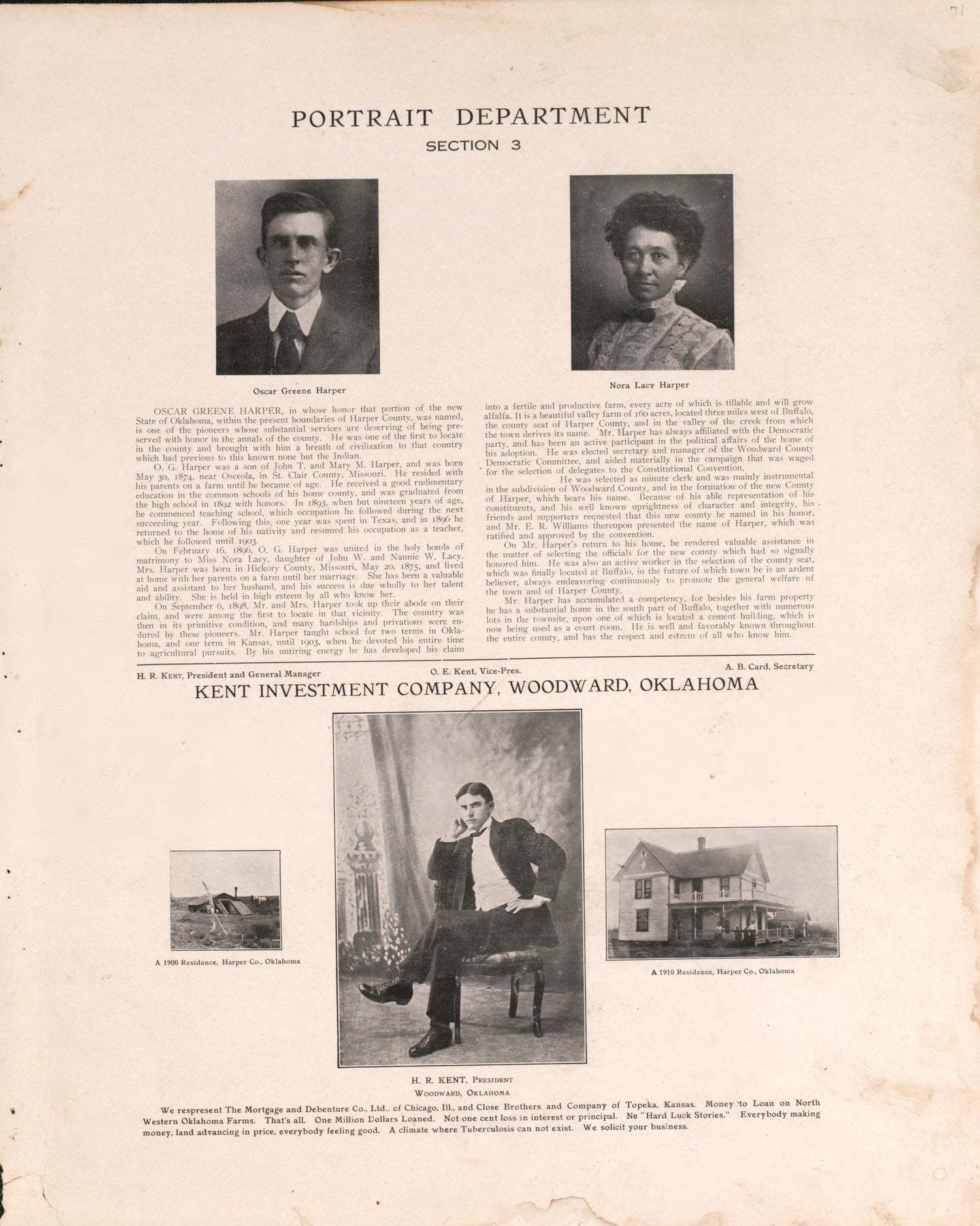 Portrait Section 3, P. 1 from Plat Book of Harper County, Oklahoma : Containing Maps of Villages, Cities and Townships of the County, and of the State, United States and World : Portraits of Representative Citizens and Leading … 1910 by Relic Map Company