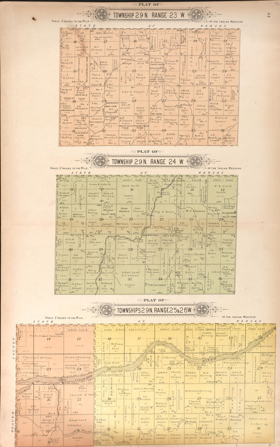 Township 29 Range 23, 24, 25, and 26 W from Plat Book of Harper County, Oklahoma : Containing Maps of Villages, Cities and Townships of the County, and of the State, United States and World : Portraits of Representative Citizens and Leading … 1910 by Relic Map Company