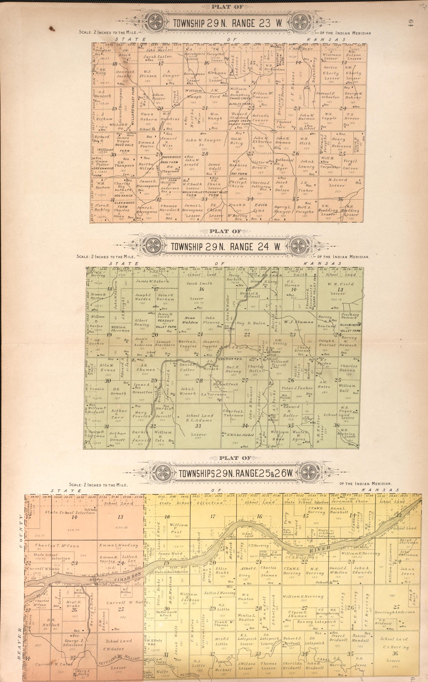 Township 29 Range 23, 24, 25, and 26 W from Plat Book of Harper County, Oklahoma : Containing Maps of Villages, Cities and Townships of the County, and of the State, United States and World : Portraits of Representative Citizens and Leading … 1910 by Relic Map Company