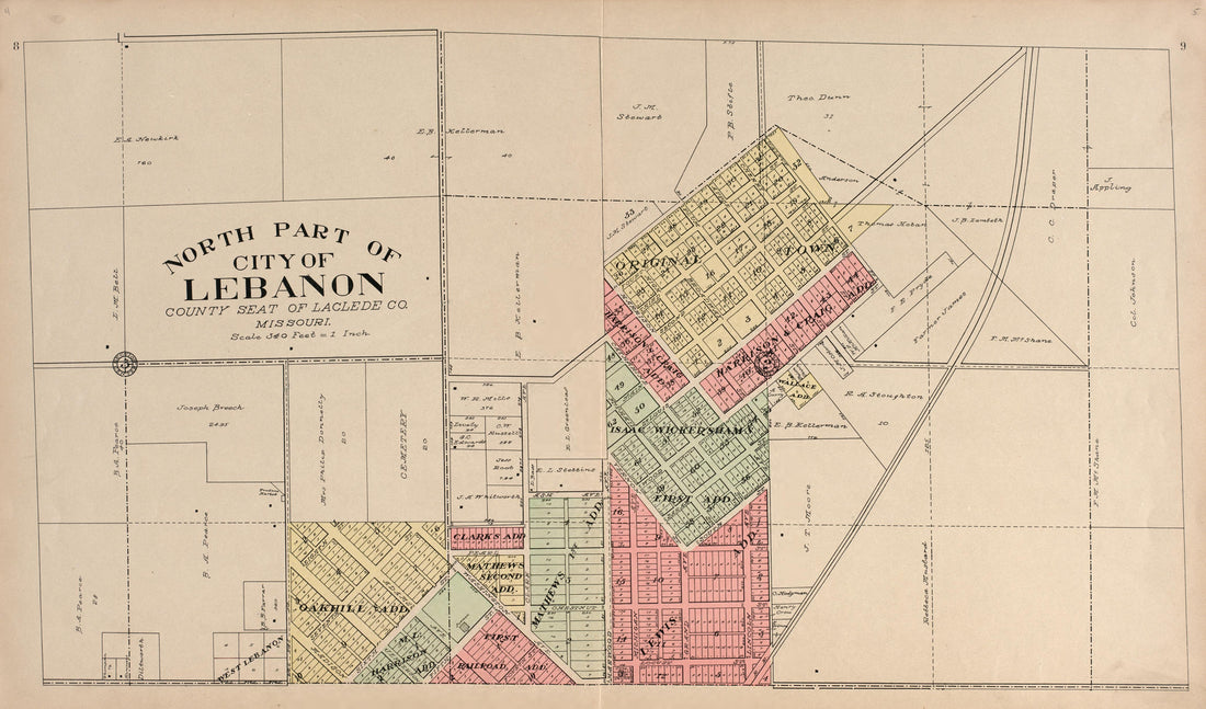 North Part of City of Lebanon from Plat Book of La Clede County, Missouri : Containing Maps of Villages, Cities and Townships of the County, and of the State, United States and World : Also Portraits of Representative Citizens, … 1912 by Relic Map Company