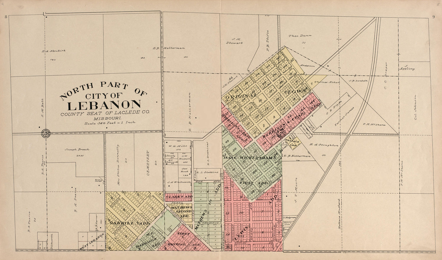North Part of City of Lebanon from Plat Book of La Clede County, Missouri : Containing Maps of Villages, Cities and Townships of the County, and of the State, United States and World : Also Portraits of Representative Citizens, … 1912 by Relic Map Company
