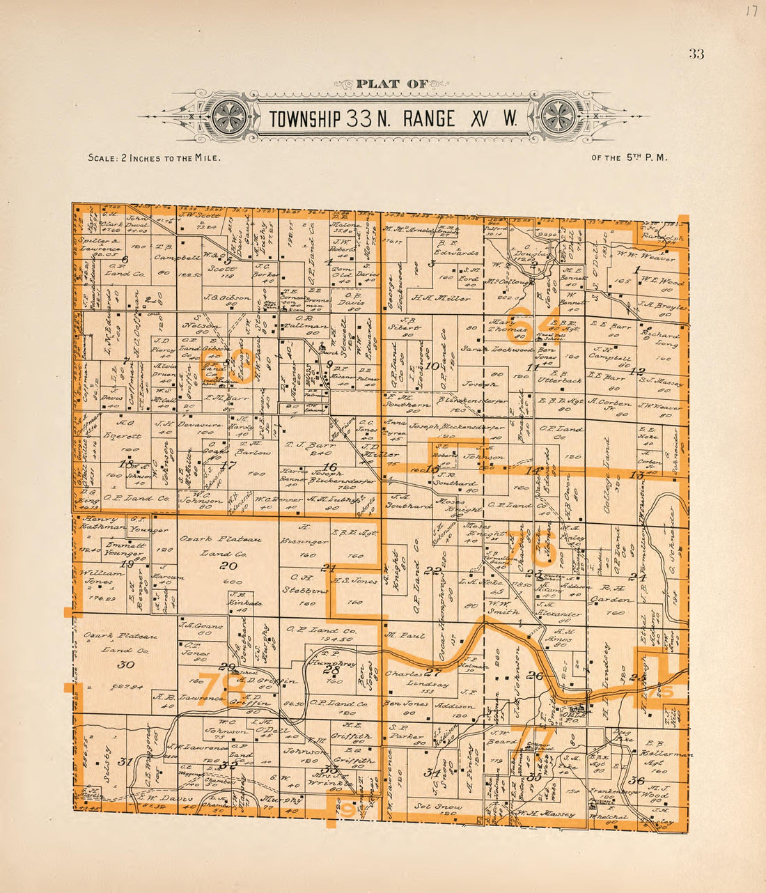 Township 33 N Range XV W from Plat Book of La Clede County, Missouri : Containing Maps of Villages, Cities and Townships of the County, and of the State, United States and World : Also Portraits of Representative Citizens, … 1912 by Relic Map Company