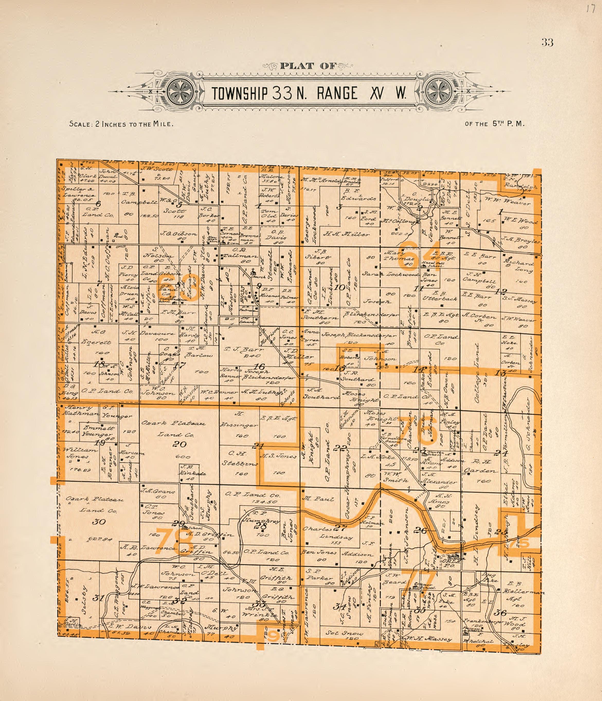 Township 33 N Range XV W from Plat Book of La Clede County, Missouri : Containing Maps of Villages, Cities and Townships of the County, and of the State, United States and World : Also Portraits of Representative Citizens, … 1912 by Relic Map Company