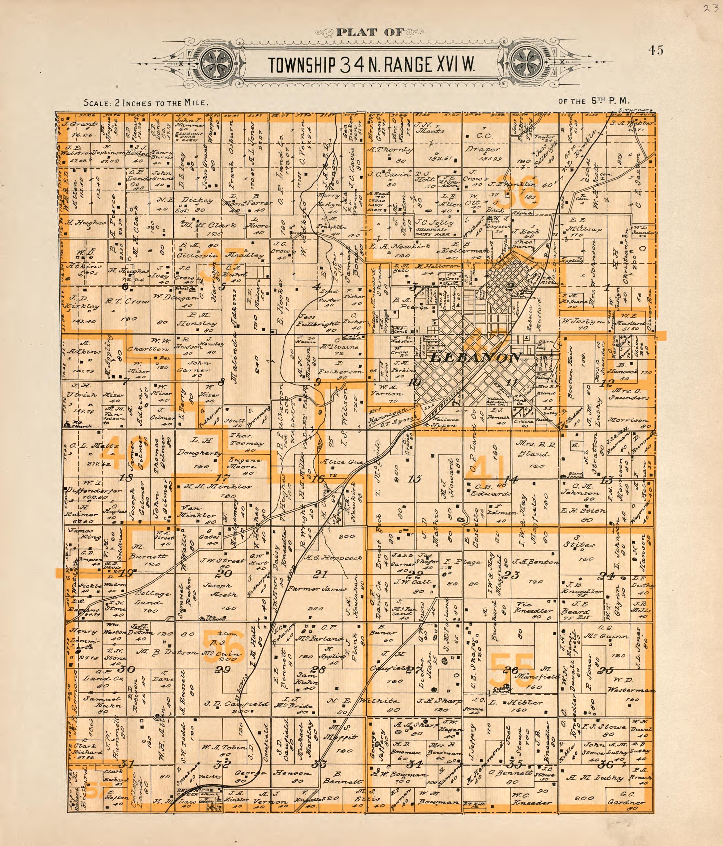 Township 34 N Range XVI W from Plat Book of La Clede County, Missouri : Containing Maps of Villages, Cities and Townships of the County, and of the State, United States and World : Also Portraits of Representative Citizens, … 1912 by Relic Map Company