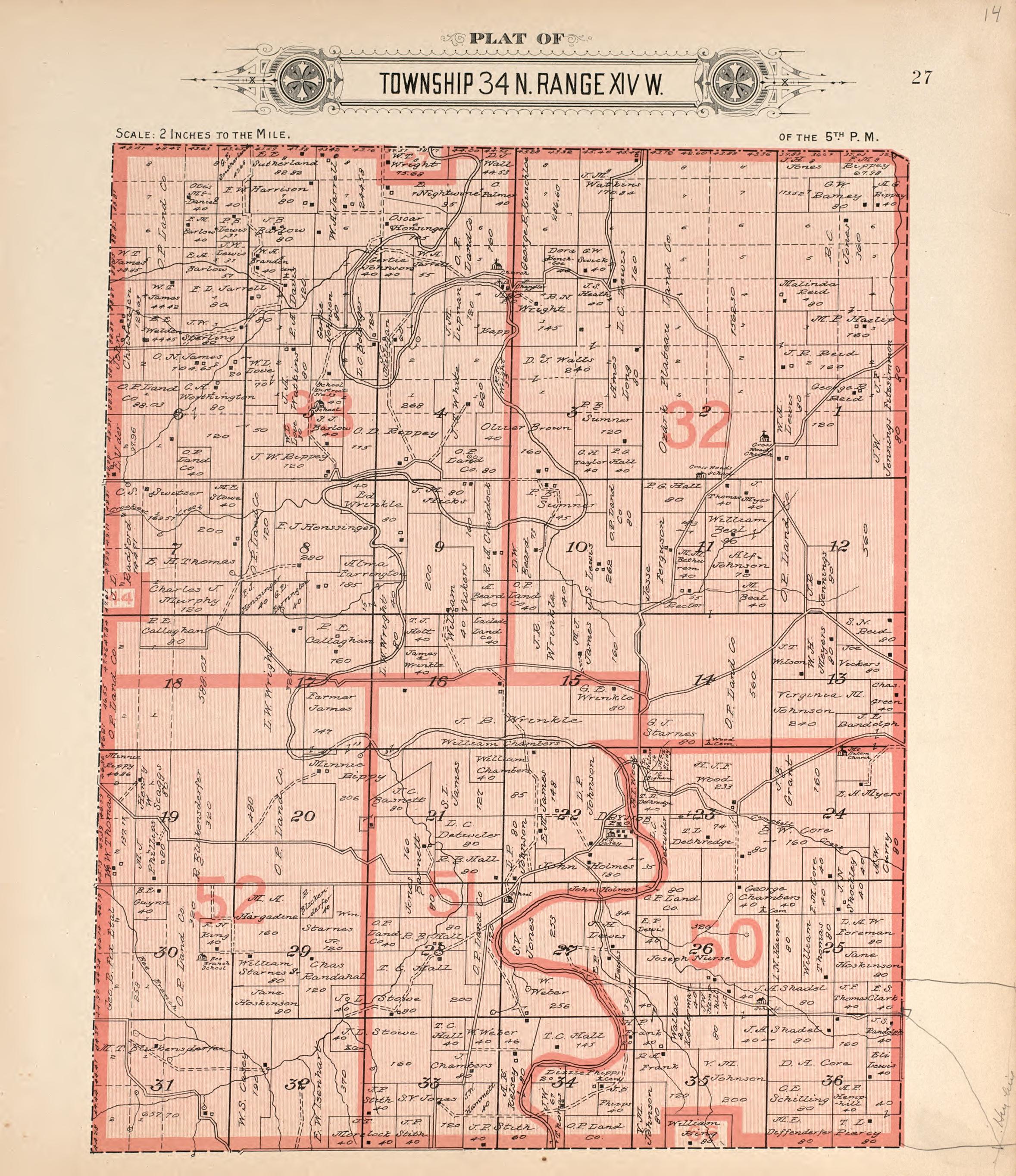 Township 34 N Range XIV W from Plat Book of La Clede County, Missouri : Containing Maps of Villages, Cities and Townships of the County, and of the State, United States and World : Also Portraits of Representative Citizens, … 1912 by Relic Map Company