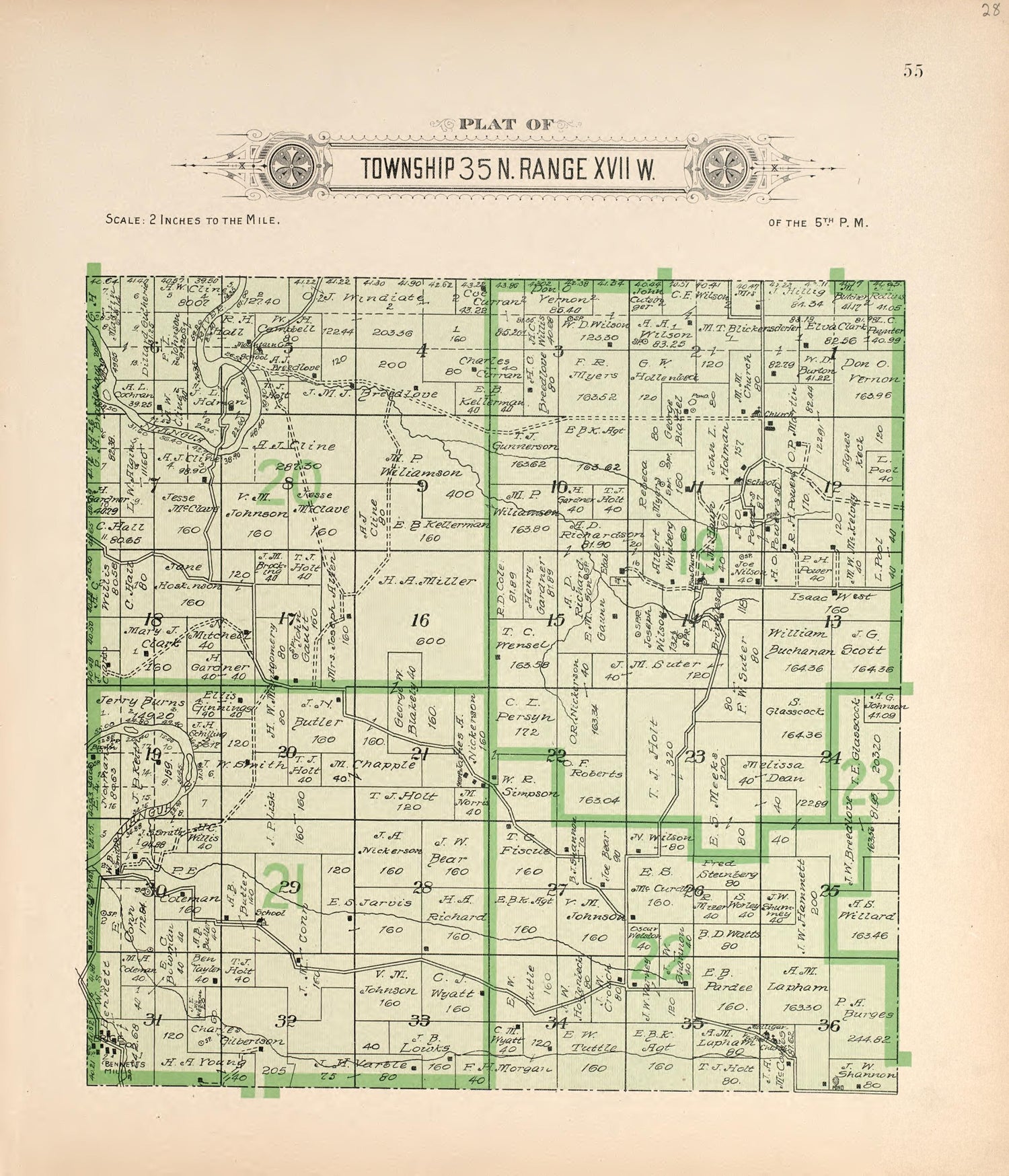 Township 35 N Range XVII W from Plat Book of La Clede County, Missouri : Containing Maps of Villages, Cities and Townships of the County, and of the State, United States and World : Also Portraits of Representative Citizens, … 1912 by Relic Map Company
