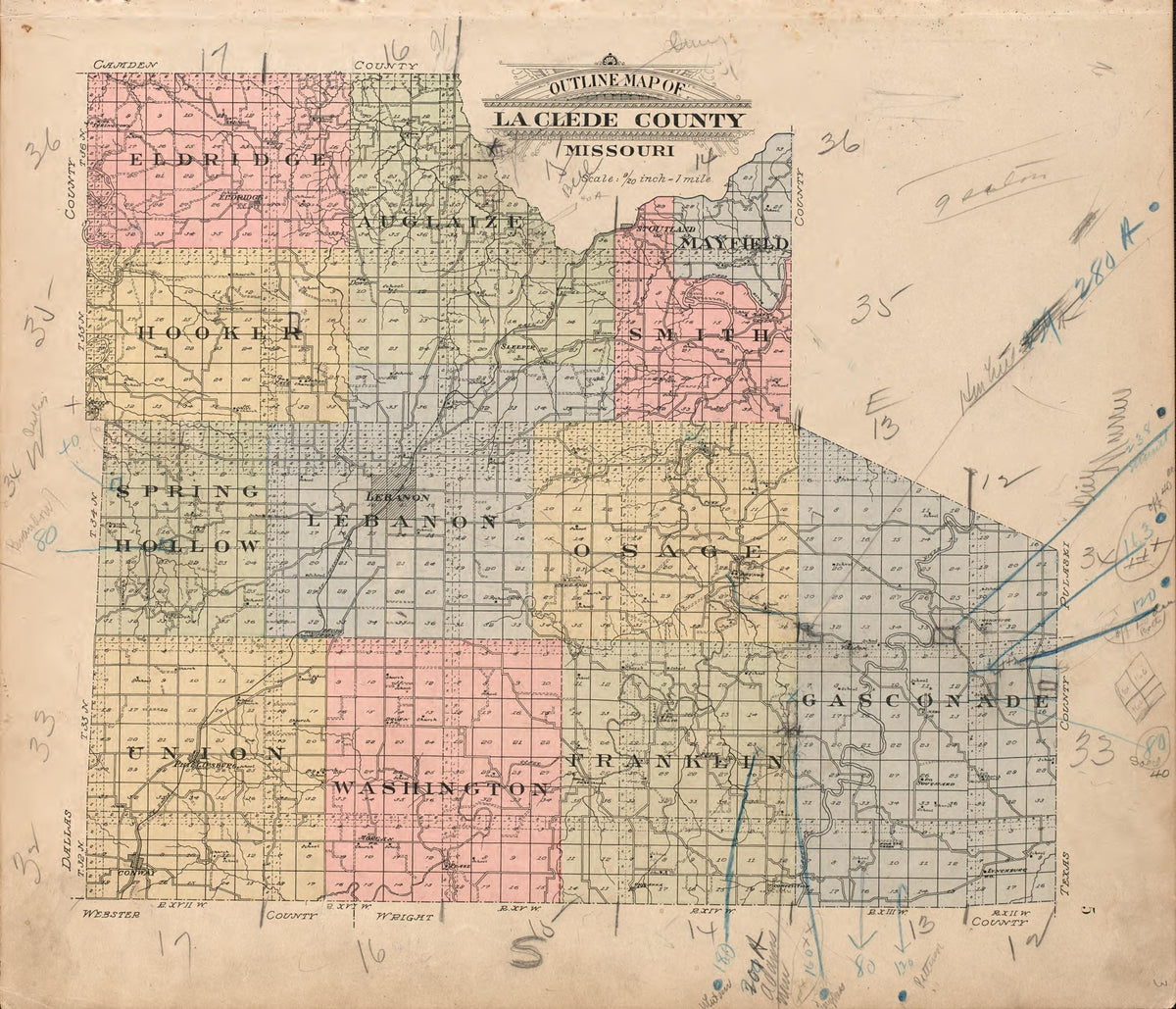 Outline Map of La Clede County, MO from Plat Book of La Clede County, Missouri : Containing Maps of Villages, Cities and Townships of the County, and of the State, United States and World : Also Portraits of Representative Citizens, … 1912 by Relic Map Company