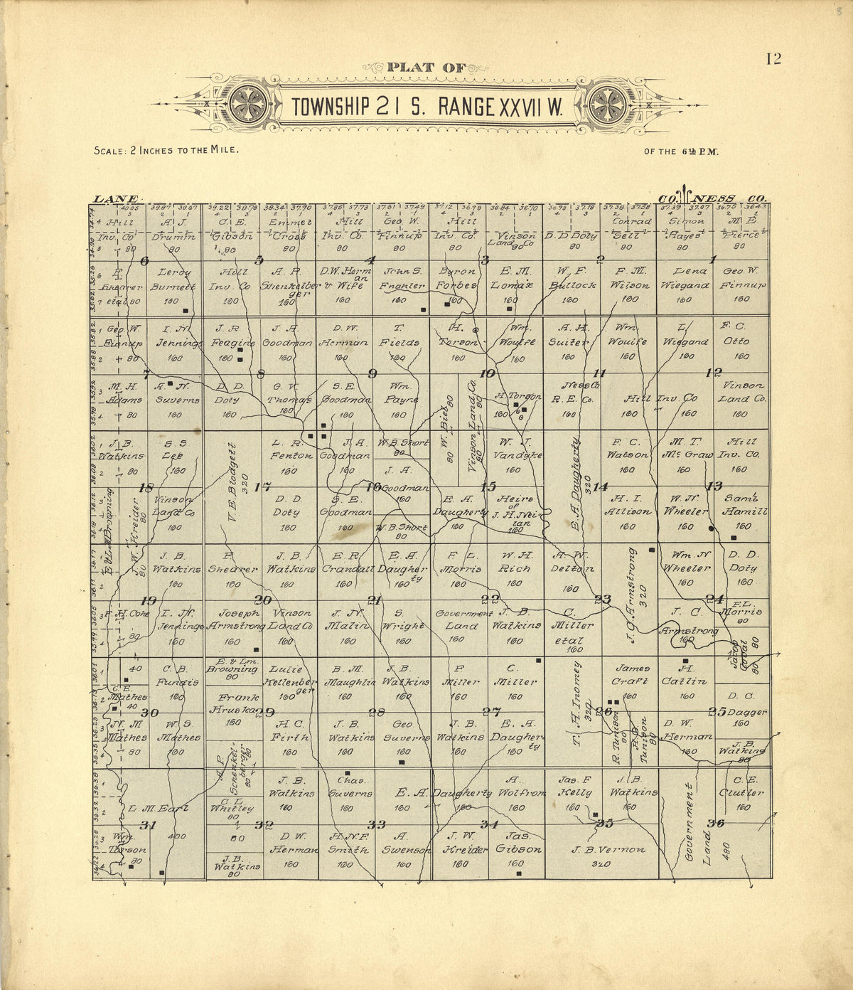 Plat of Township 21 S. Range XXVII W. from Plat Book of Finney County, Kansas : Containing Maps of Villages, Cities and Townships of the County, and of the State, United States and World : Also Portraits of Representative Citizens, Old … 1911 by Relic Map Company