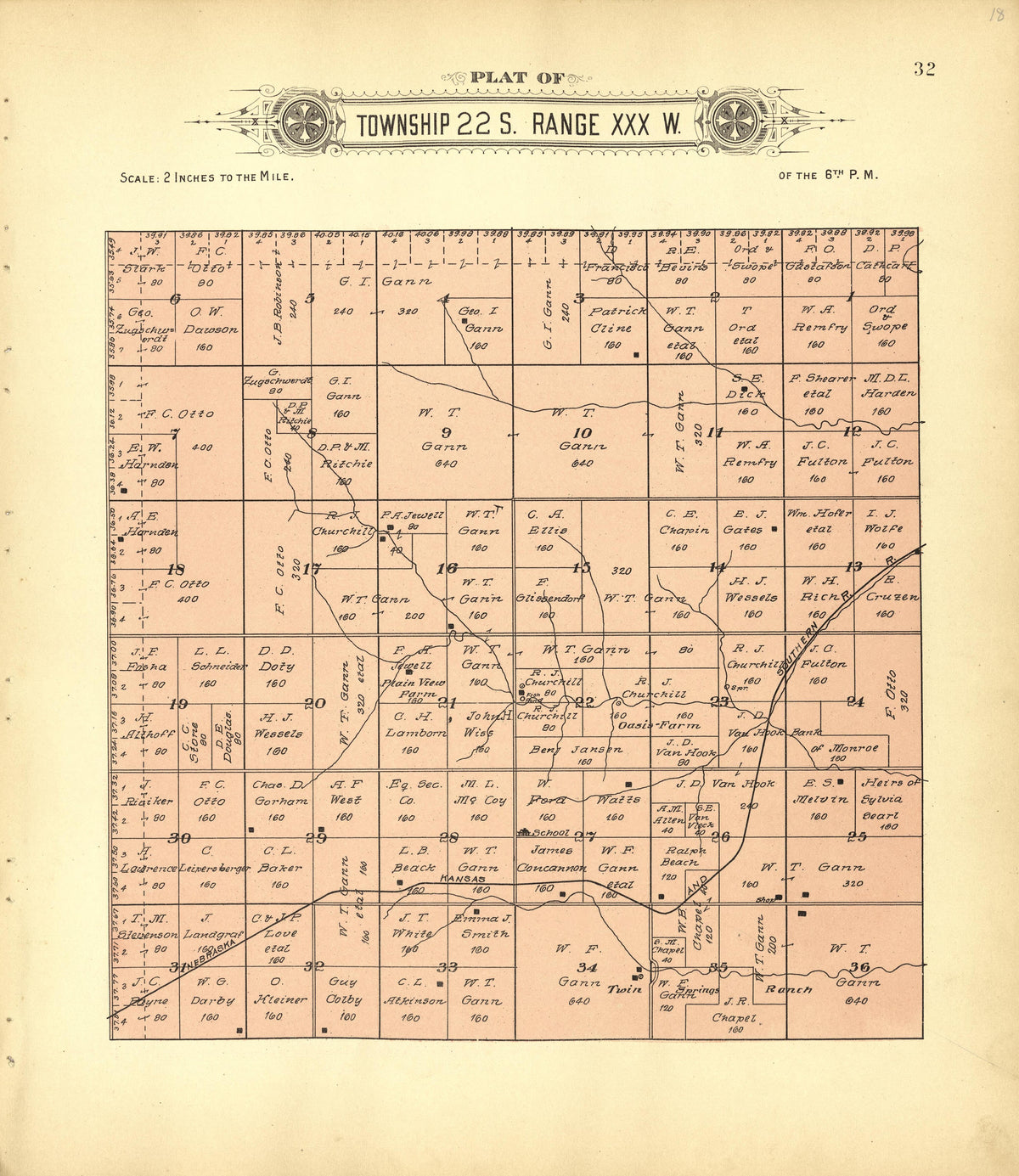 Plat of Township 22 S. Range XXX W. from Plat Book of Finney County, Kansas : Containing Maps of Villages, Cities and Townships of the County, and of the State, United States and World : Also Portraits of Representative Citizens, Old … 1911 by Relic Map Company