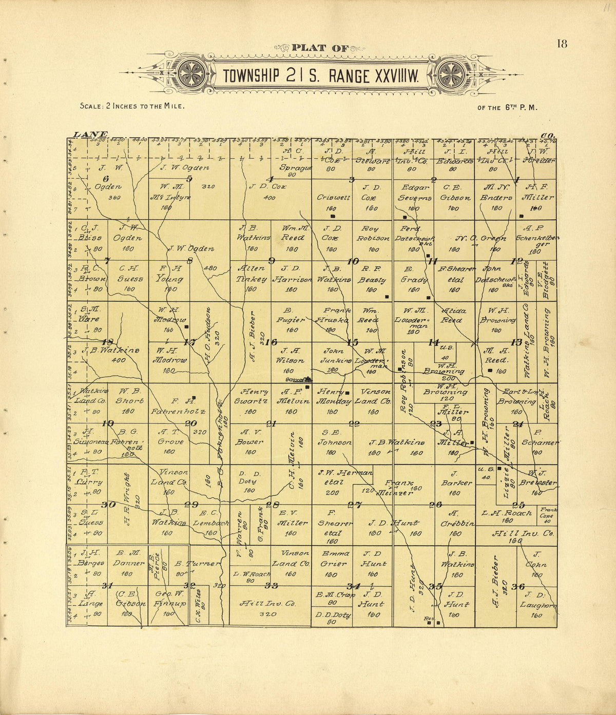 Plat of Township 21 S. Range XXVIII W. from Plat Book of Finney County, Kansas : Containing Maps of Villages, Cities and Townships of the County, and of the State, United States and World : Also Portraits of Representative Citizens, Old … 1911 by Relic Map Company