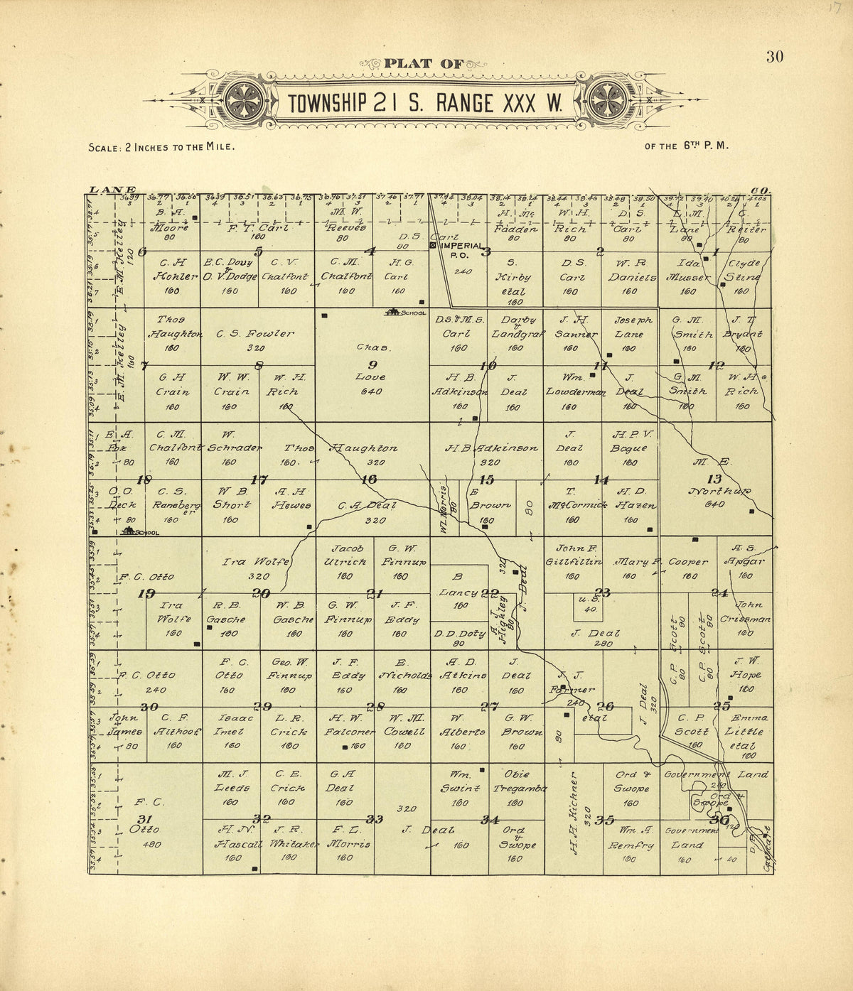 Plat of Township 21 S. Range XXX W. from Plat Book of Finney County, Kansas : Containing Maps of Villages, Cities and Townships of the County, and of the State, United States and World : Also Portraits of Representative Citizens, Old … 1911 by Relic Map Company