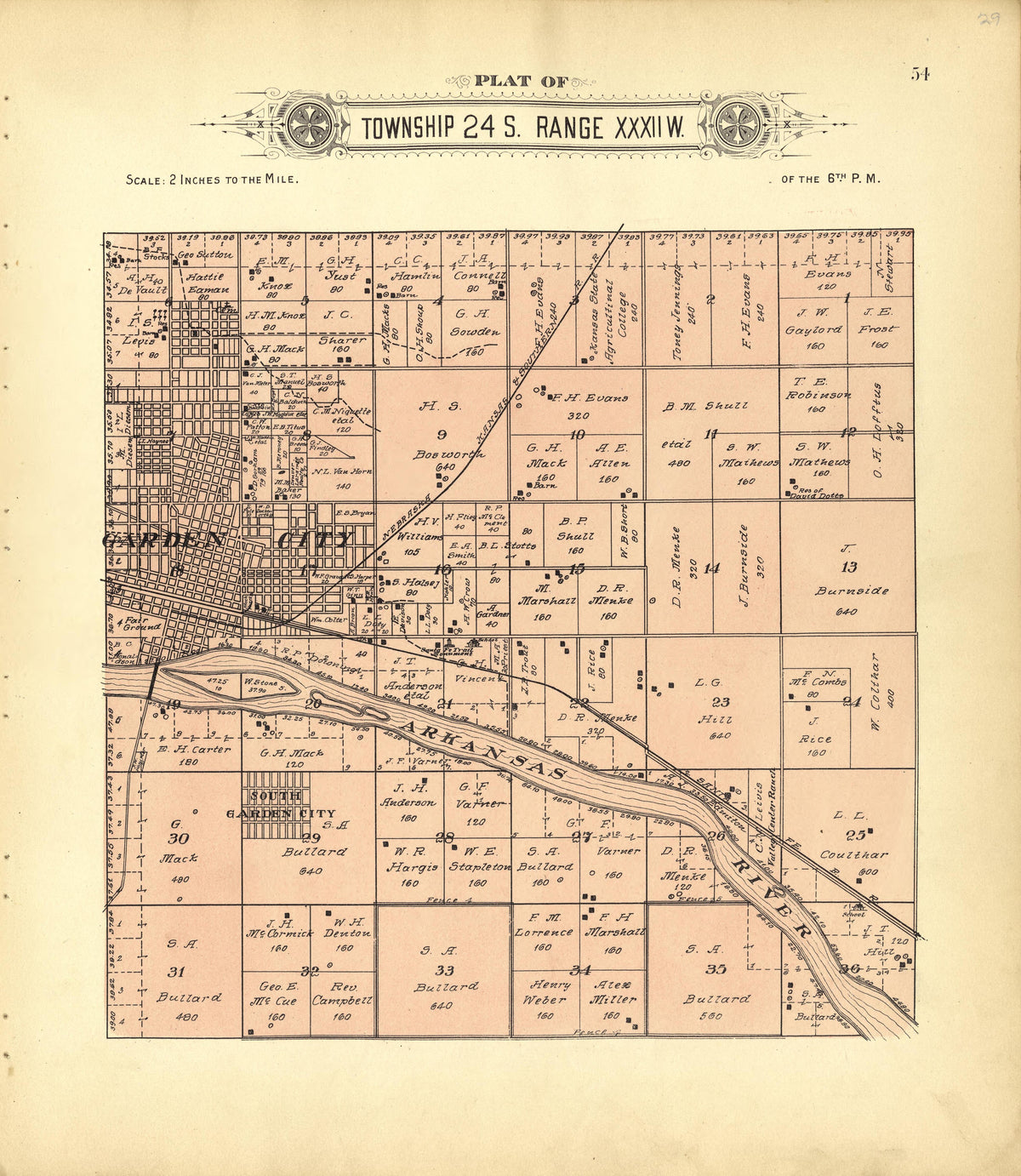 Plat of Township 24 S. Range XXXII W. from Plat Book of Finney County, Kansas : Containing Maps of Villages, Cities and Townships of the County, and of the State, United States and World : Also Portraits of Representative Citizens, Old … 1911 by Relic Map Company