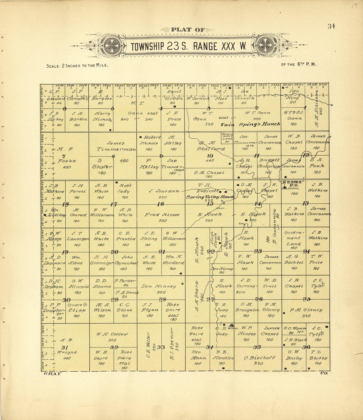 Plat of Township 23 S. Range XXX W. from Plat Book of Finney County, Kansas : Containing Maps of Villages, Cities and Townships of the County, and of the State, United States and World : Also Portraits of Representative Citizens, Old … 1911 by Relic Map Company