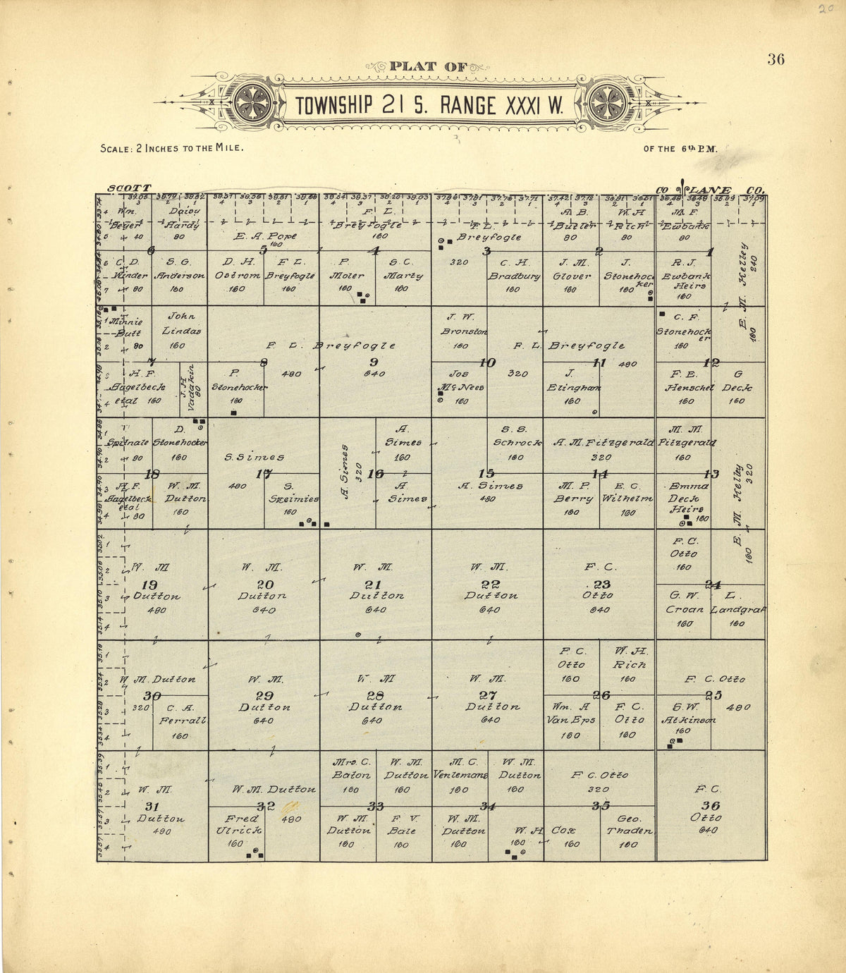 Plat of Township 21 S. Range XXXI W. from Plat Book of Finney County, Kansas : Containing Maps of Villages, Cities and Townships of the County, and of the State, United States and World : Also Portraits of Representative Citizens, Old … 1911 by Relic Map Company