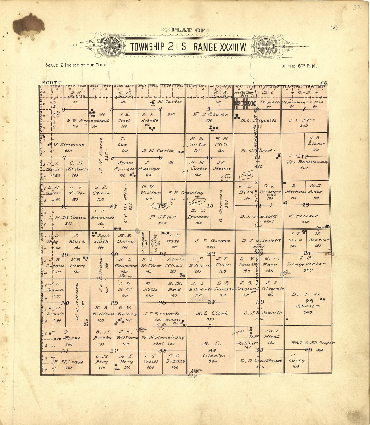 Plat of Township 21 S. Range XXXIII W. from Plat Book of Finney County, Kansas : Containing Maps of Villages, Cities and Townships of the County, and of the State, United States and World : Also Portraits of Representative Citizens, Old … 1911 by Relic Map Company