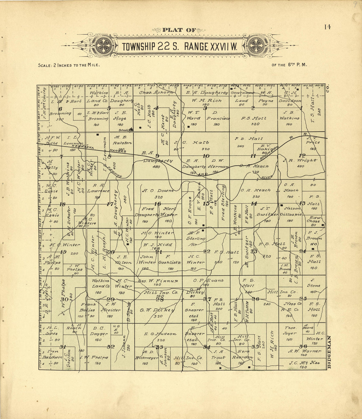 Plat of Township 22 S. Range XXVII W. from Plat Book of Finney County, Kansas : Containing Maps of Villages, Cities and Townships of the County, and of the State, United States and World : Also Portraits of Representative Citizens, Old … 1911 by Relic Map Company
